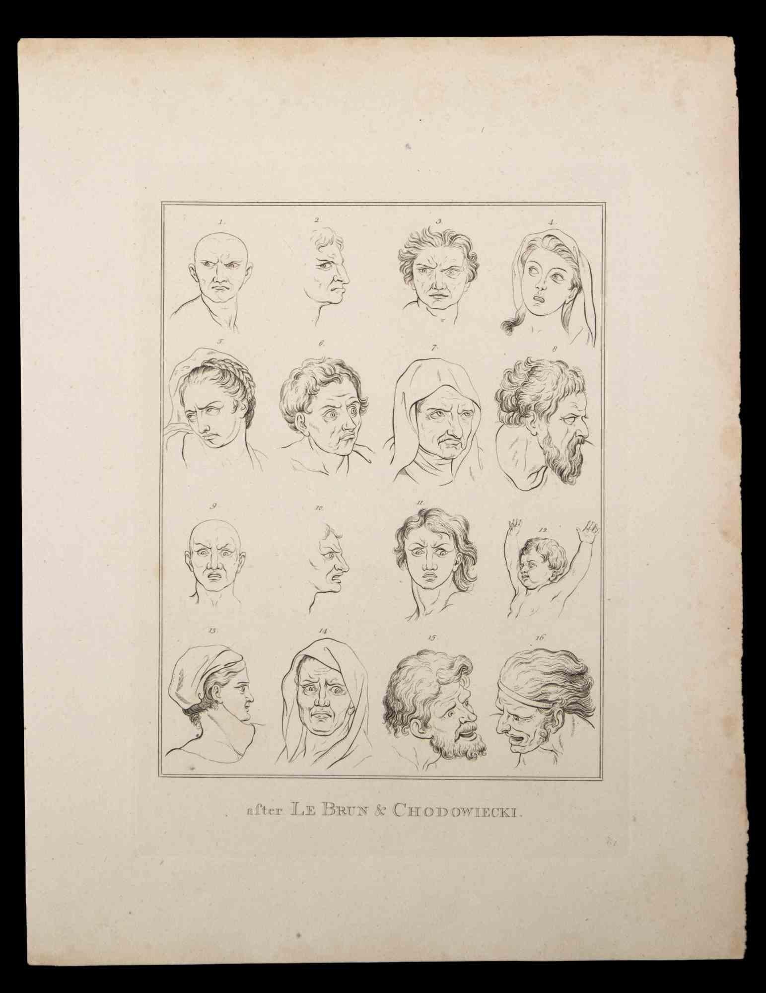 Portrait of men and women is an original etching artwork realized by Thomas Holloway after Lebrun and Chodowiecki, for Johann Caspar Lavater's "Essays on Physiognomy, Designed to Promote the Knowledge and the Love of Mankind", London, Bensley, 1810.
