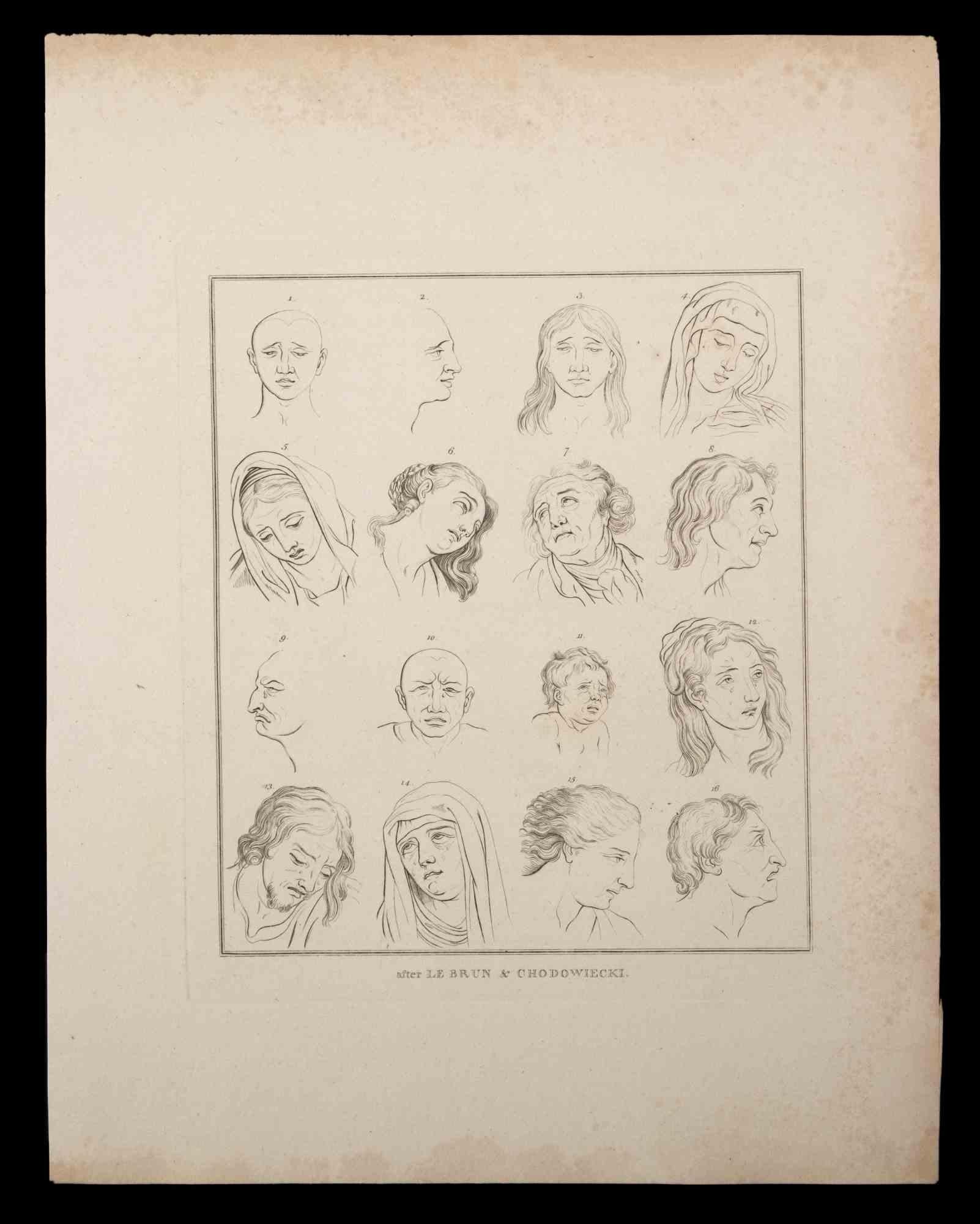 Portrait of men and women is an original etching realized by Thomas Holloway after Lebrun and Chodowiecki for Johann Caspar Lavater's "Essays on Physiognomy, Designed to Promote the Knowledge and the Love of Mankind", London, Bensley, 1810. 

Signed