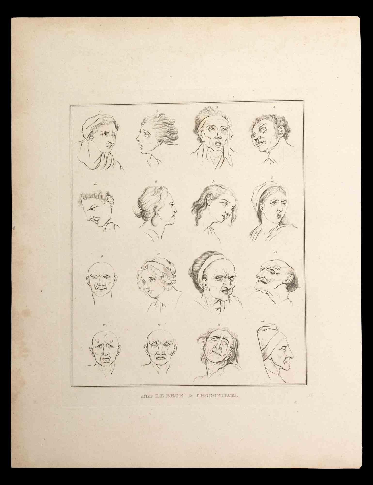 Portrait of men and women is an original etching ar realized by Thomas Holloway after Lebrun and Chodowiecki, for Johann Caspar Lavater's "Essays on Physiognomy, Designed to Promote the Knowledge and the Love of Mankind", London, Bensley, 1810.