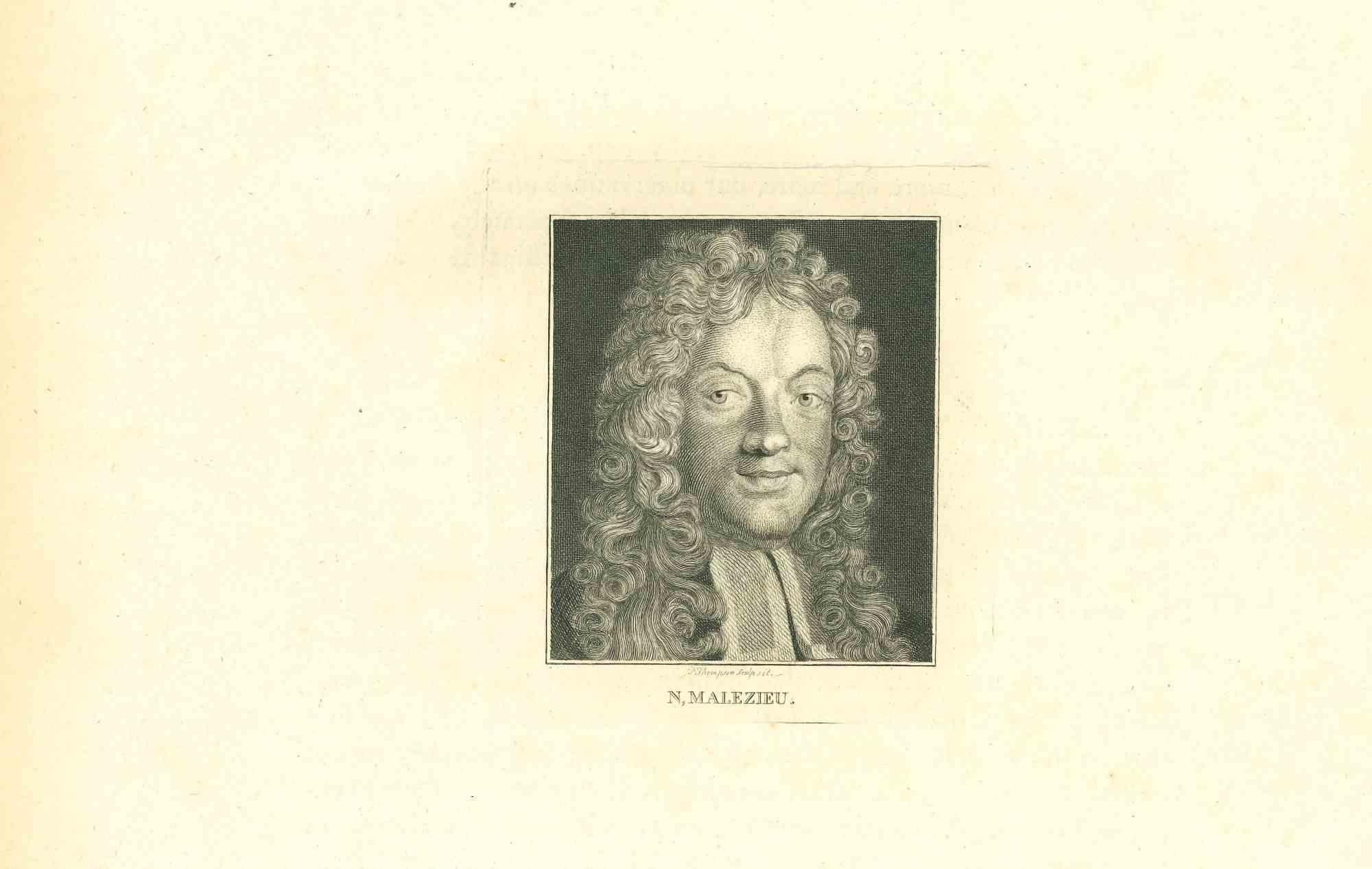 Portrait of Nicolas Malezieu is an original etching realized by Thomas Holloway for Johann Caspar Lavater's "Essays on Physiognomy, Designed to Promote the Knowledge and the Love of Mankind", London, Bensley, 1810. 

Engraved: N. Malezieu on the