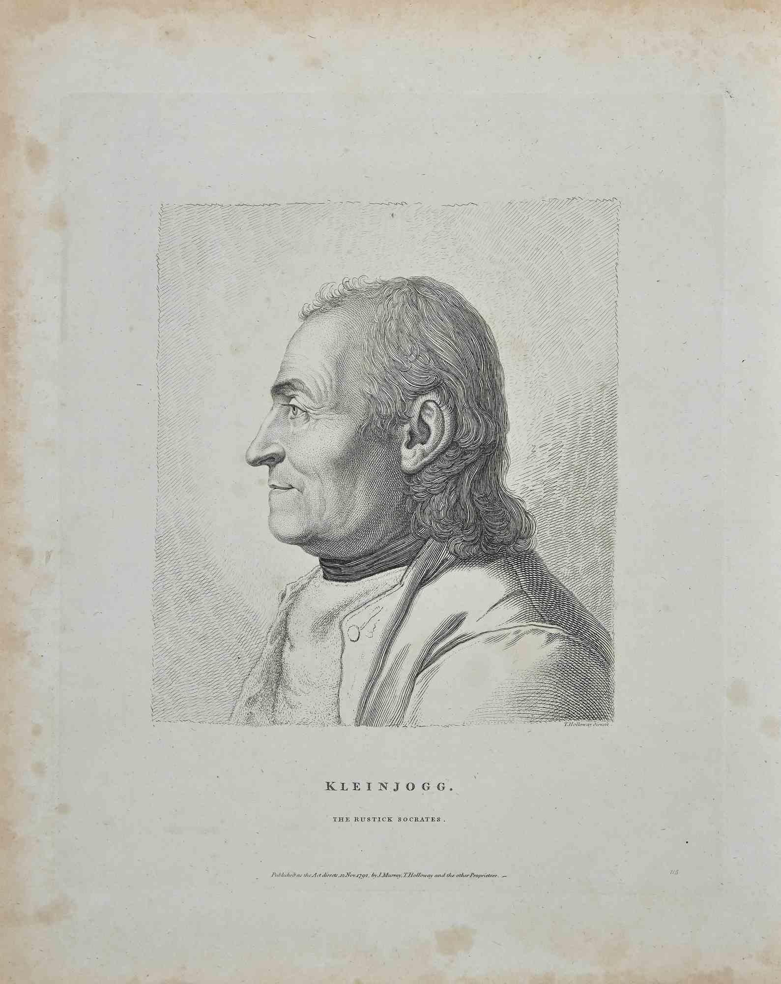 Portrait of the Rustick Socrates Kleinjogg is an original etching artwork realized by Thomas Holloway for Johann Caspar Lavater's "Essays on Physiognomy, Designed to Promote the Knowledge and the Love of Mankind", London, Bensley, 1810. 

Signed on