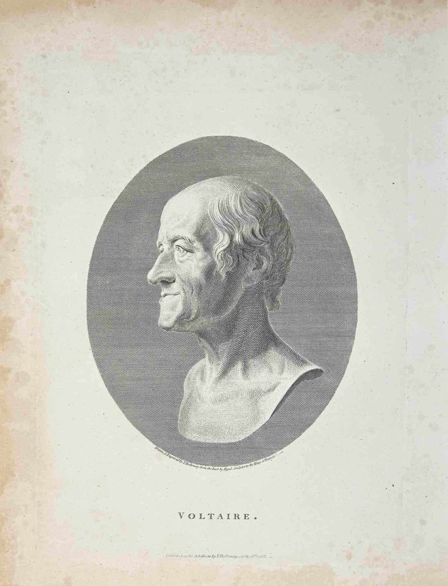Porträt von Voltaire  ist ein Original-Kunstwerk von Thomas Holloway (1748 - 1827).

Original-Radierung von J.C. Lavater's "Essays on Physiognomy, Designed to promote the Knowledge and the Love of Mankind", London, Bensley, 1810. 

Unten in der