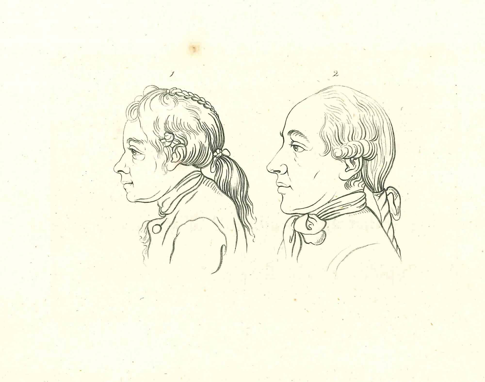 Portrait is an original artwork realized by Thomas Holloway (1748 - 1827).

Original Etching from J.C. Lavater's "Essays on Physiognomy, Designed to promote the Knowledge and the Love of Mankind", London, Bensley, 1810. 

This artwork portrays two