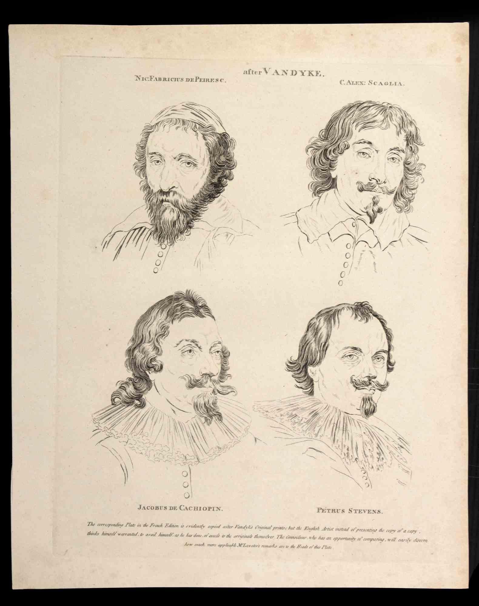 The portraits after Vandyke is an original etching artwork realized by Thomas Holloway for Johann Caspar Lavater's "Essays on Physiognomy, Designed to Promote the Knowledge and the Love of Mankind", London, Bensley, 1810. 

Title on the lower of