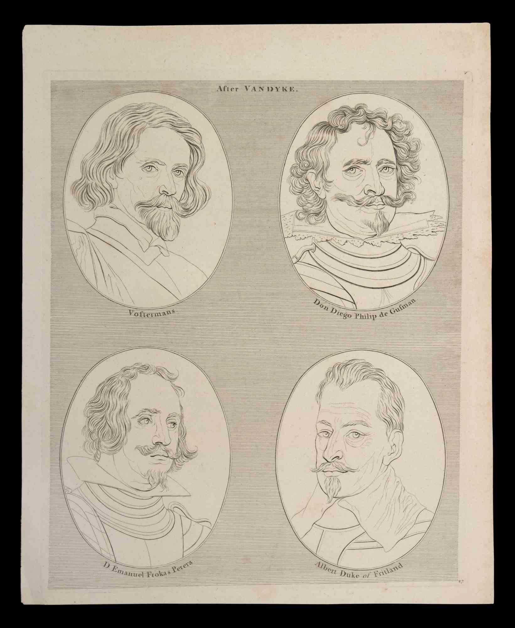 Portraits after Vandyke is an original etching artwork realized by Thomas Holloway for Johann Caspar Lavater's "Essays on Physiognomy, Designed to Promote the Knowledge and the Love of Mankind", London, Bensley, 1810. 

Good conditions, except for