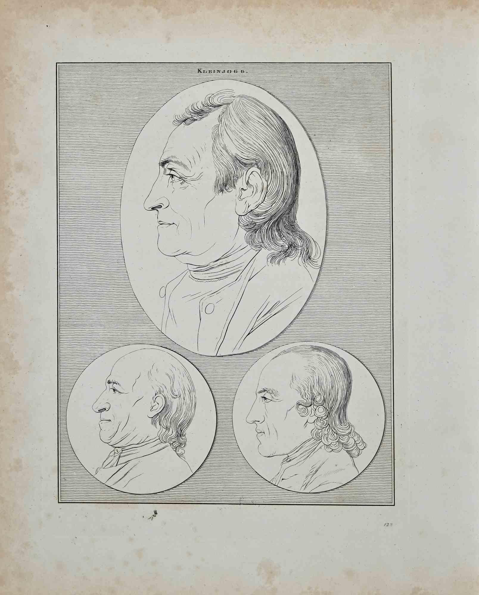 Portraits of Kleinjoggis an original etching artwork realized by Thomas Holloway for Johann Caspar Lavater's "Essays on Physiognomy, Designed to Promote the Knowledge and the Love of Mankind", London, Bensley, 1810. 

Good conditions with some