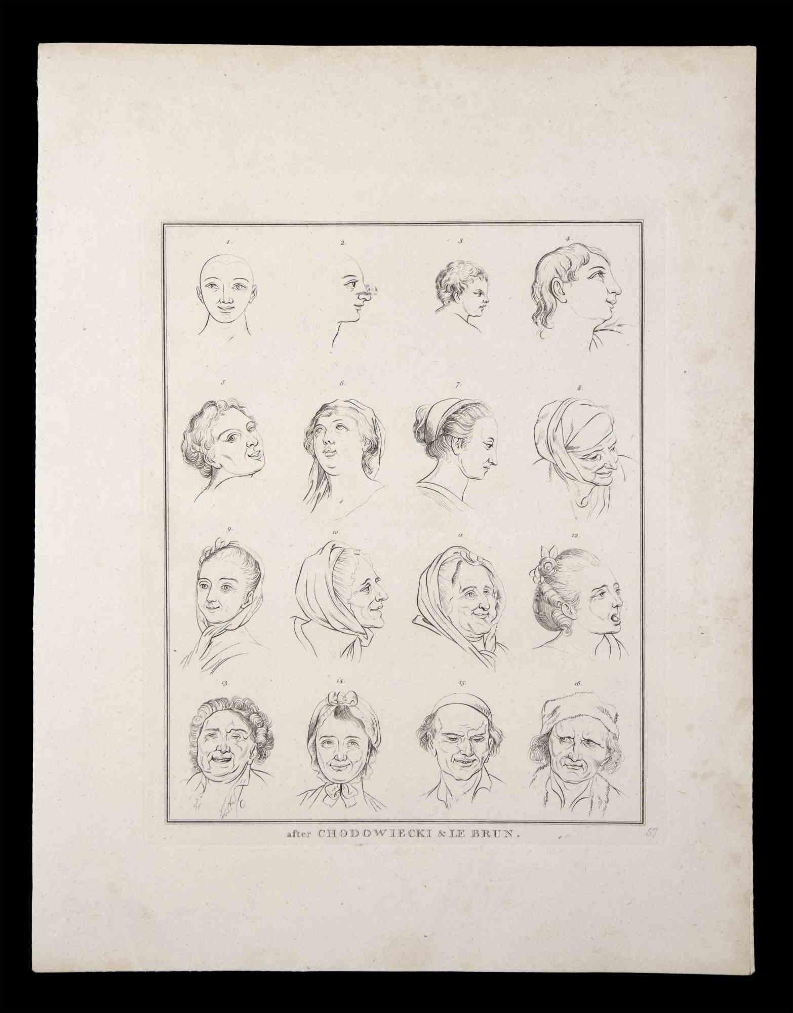 Portraits of men and women is an original etching artwork realized by Thomas Holloway after Lebrun and Chodowiecki for Johann Caspar Lavater's "Essays on Physiognomy, Designed to Promote the Knowledge and the Love of Mankind", London, Bensley, 1810.