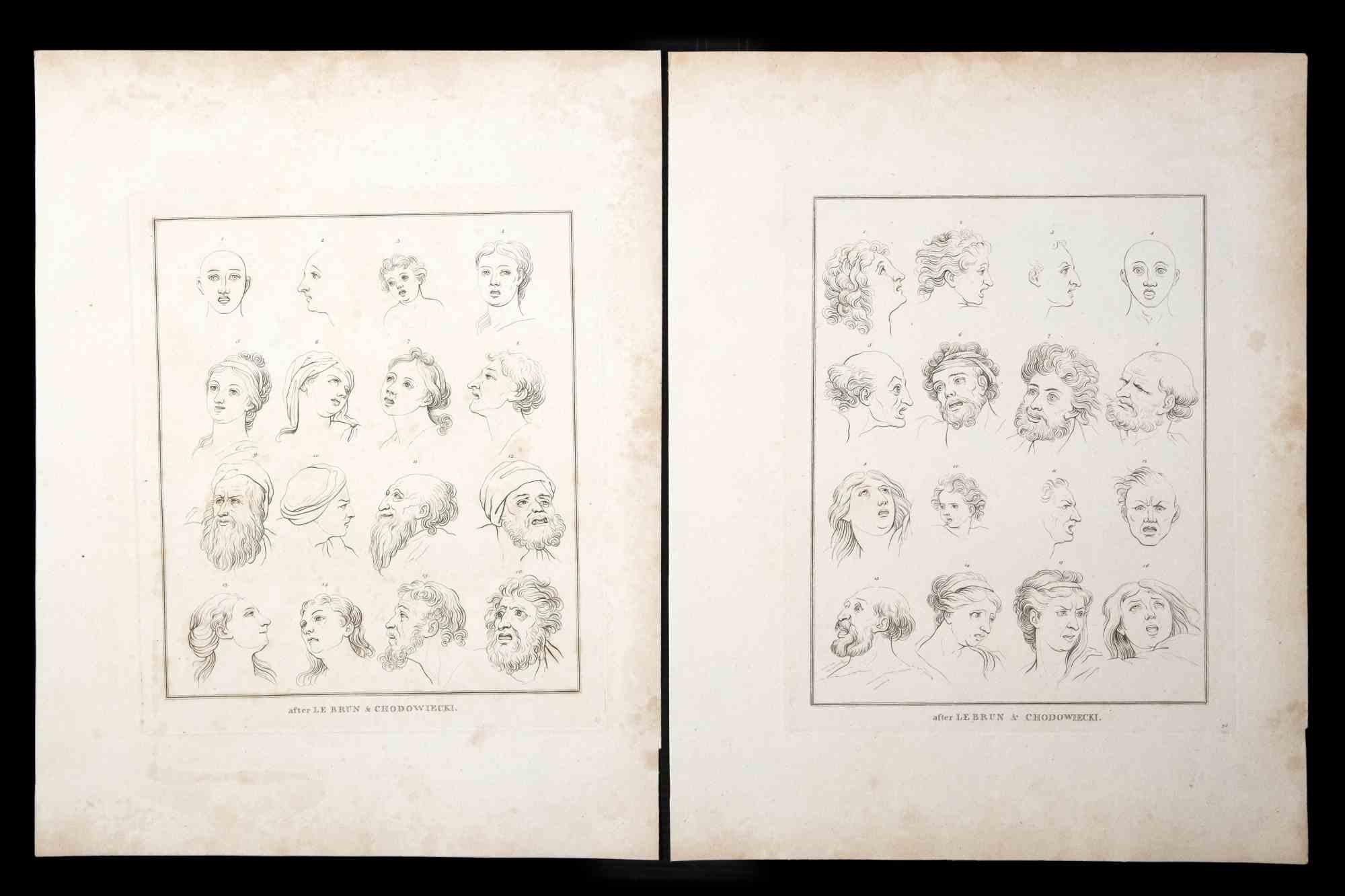 Portrait of men and women ist eine Original-Radierung von Thomas Holloway nach Lebrun und Chodowiecki für Johann Caspar Lavaters "Essays on Physiognomy, Designed to Promote the Knowledge and the Love of Mankind", London, Bensley, 1810. 

In zwei