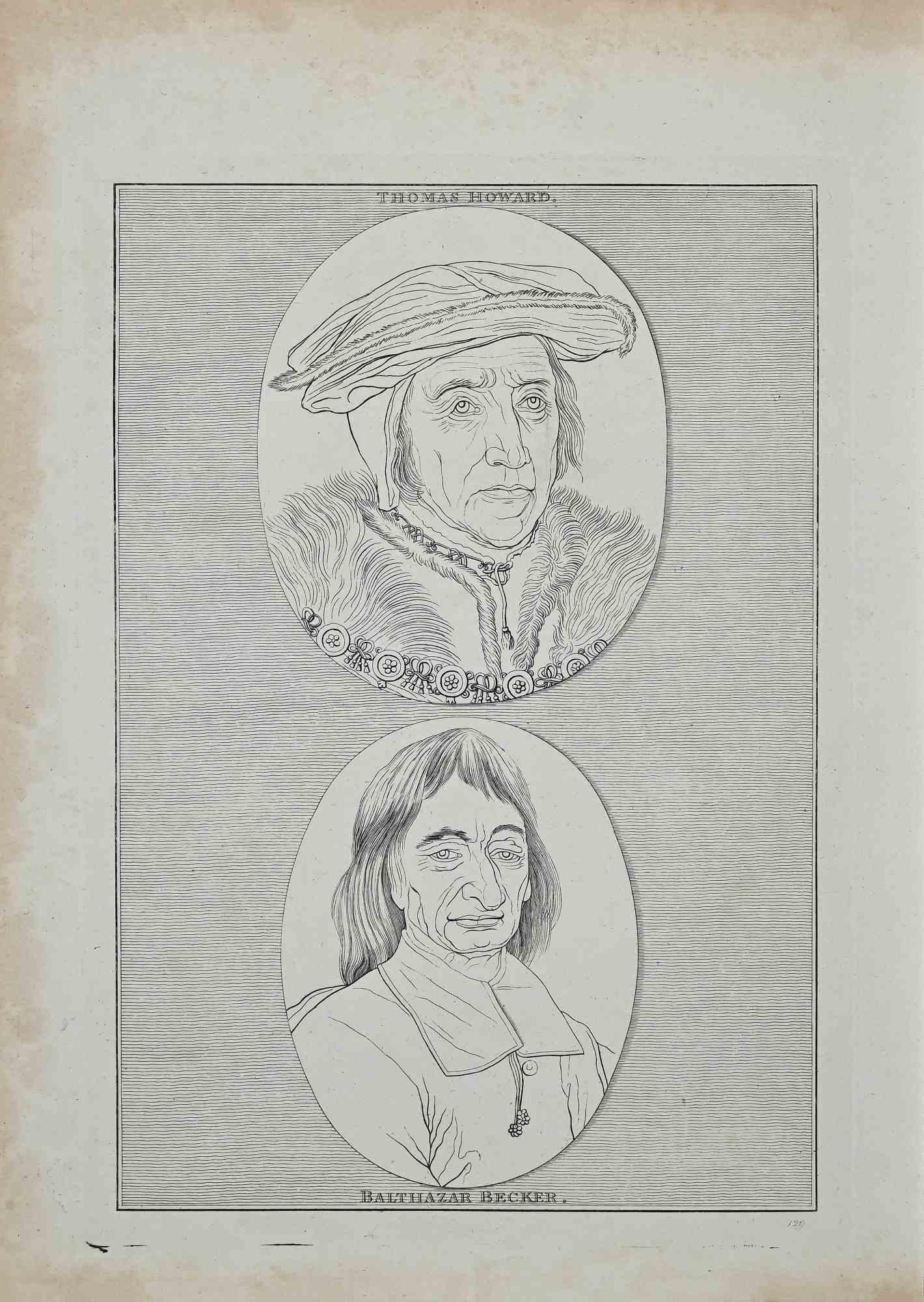 Portrait of Thomas Howard and Balthazar Becker is an original etching artwork realized by Thomas Holloway for Johann Caspar Lavater's "Essays on Physiognomy, Designed to Promote the Knowledge and the Love of Mankind", London, Bensley, 1810. 

Good