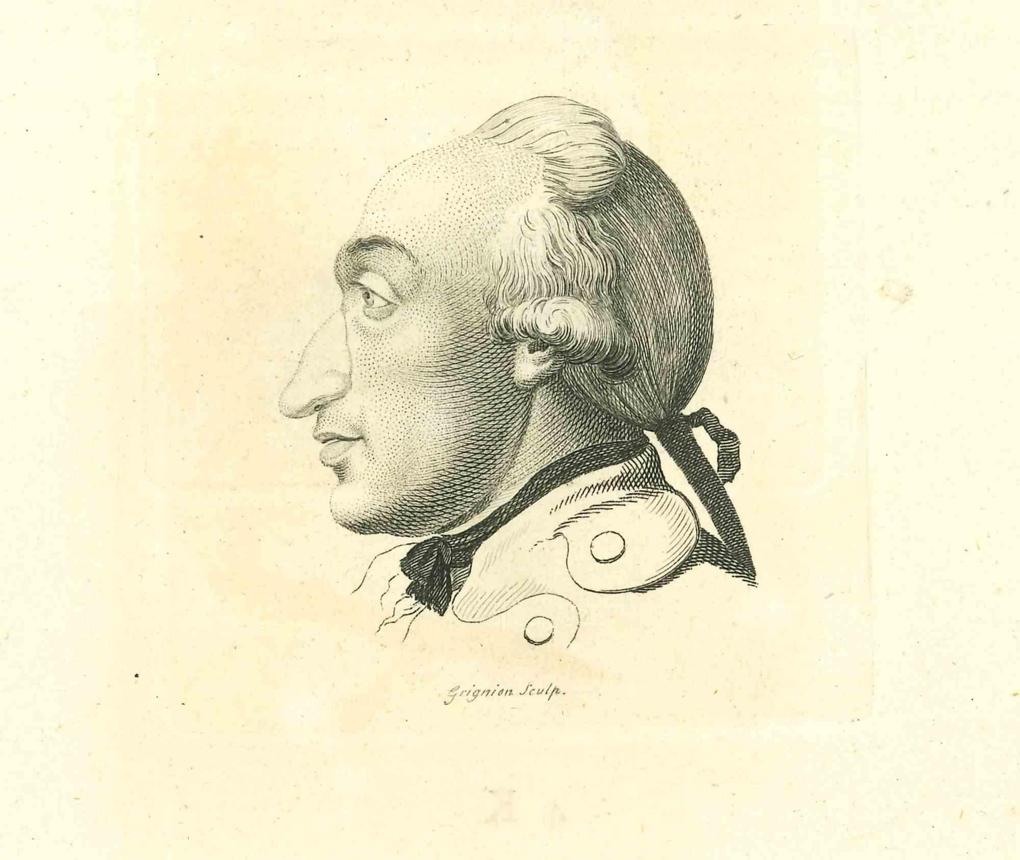 The Profile After Grignion is an original etching artwork realized by Thomas Holloway for Johann Caspar Lavater's "Essays on Physiognomy, Designed to Promote the Knowledge and the Love of Mankind", London, Bensley, 1810. 

Engraved "Grignion" on the