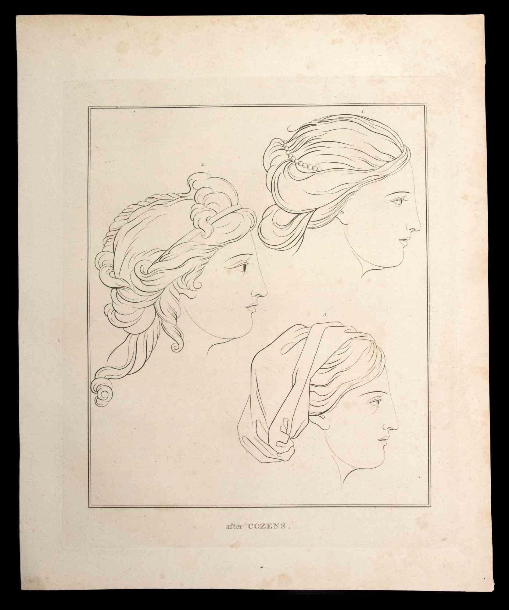 Portrait of men and women is an original etching artwork realized by Thomas Holloway after Cozens for Johann Caspar Lavater's "Essays on Physiognomy, Designed to Promote the Knowledge and the Love of Mankind", London, Bensley, 1810. 

Signed on the