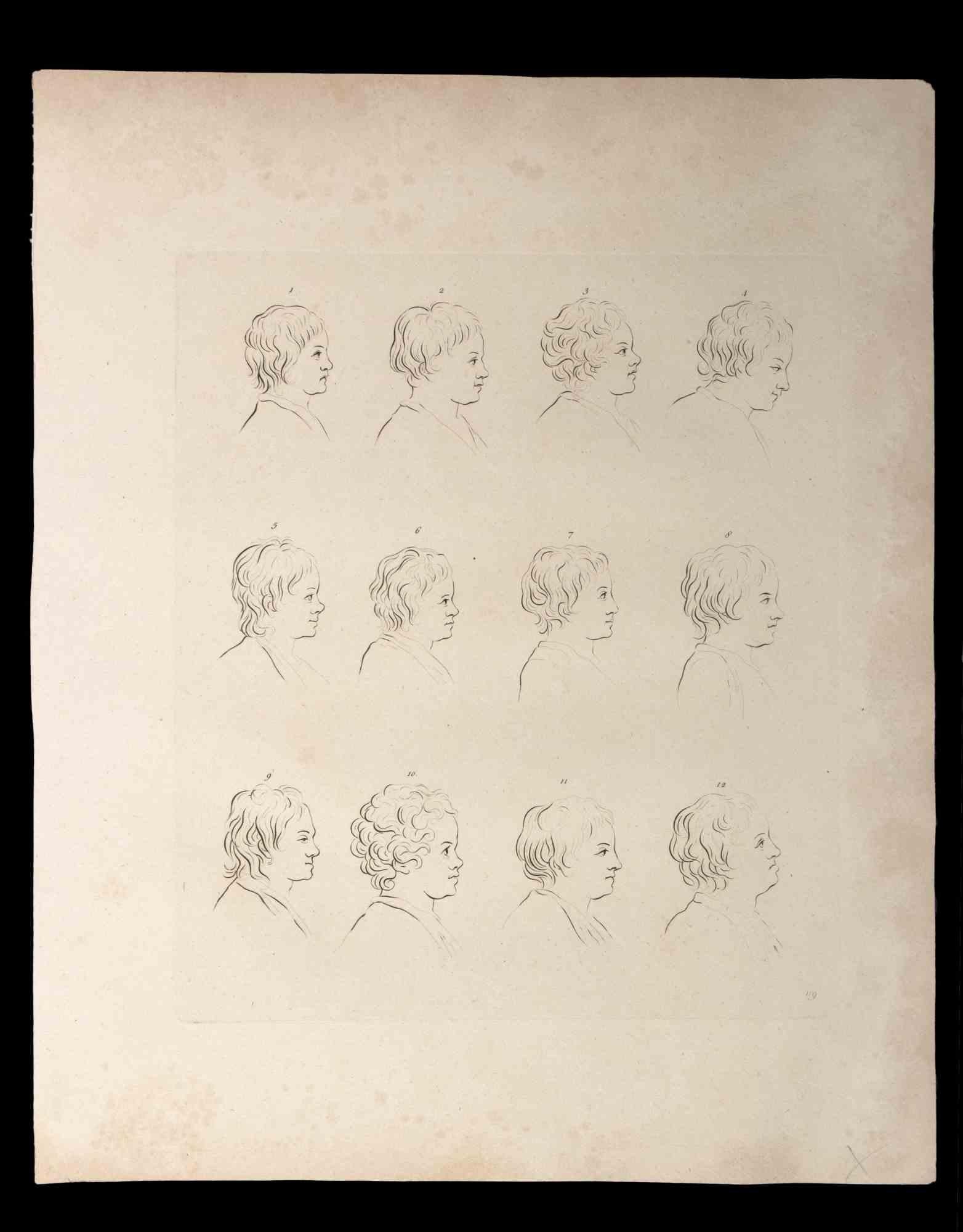 Les profils d'hommes et de femmes sont une gravure originale réalisée par Thomas Holloway pour les "Essais sur la physiognomonie, destinés à promouvoir la connaissance et l'amour de l'humanité" de Johann Caspar Lavater, Londres, Bensley, 1810.
