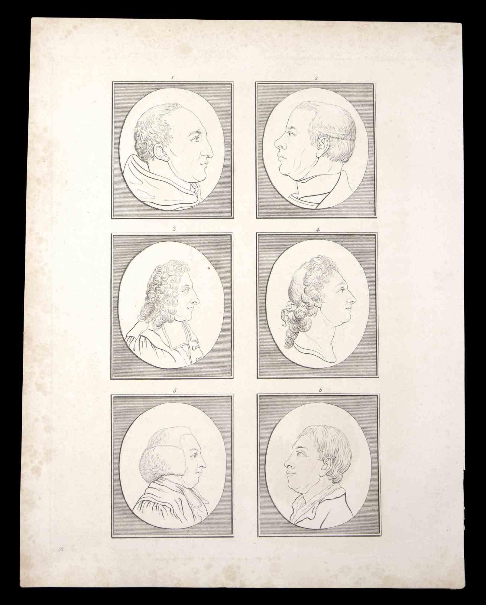 The profiles of men and women is an original etching artwork realized by Thomas Holloway for Johann Caspar Lavater's "Essays on Physiognomy, Designed to Promote the Knowledge and the Love of Mankind", London, Bensley, 1810. 

This artwork represents