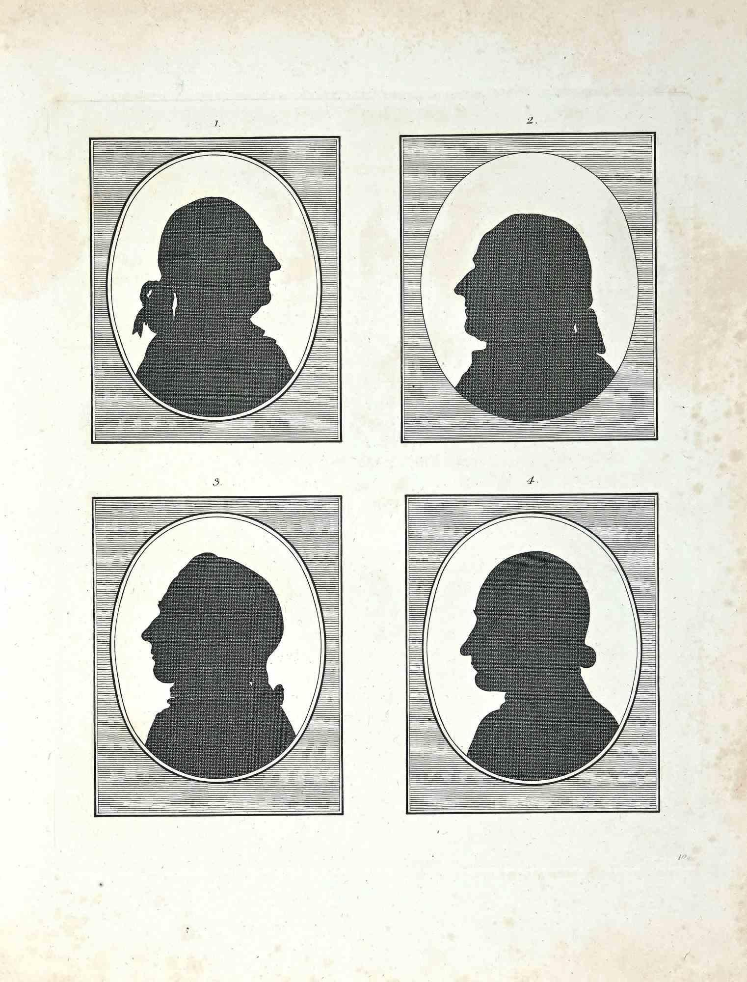 Silhouettes est une œuvre d'art originale réalisée par Thomas Holloway (1748 - 1827).

Gravure originale de J.C. Essais de Lavater sur la physiognomonie, destinés à promouvoir la connaissance et l'amour de l'humanité", Londres, Bensley, 1810.