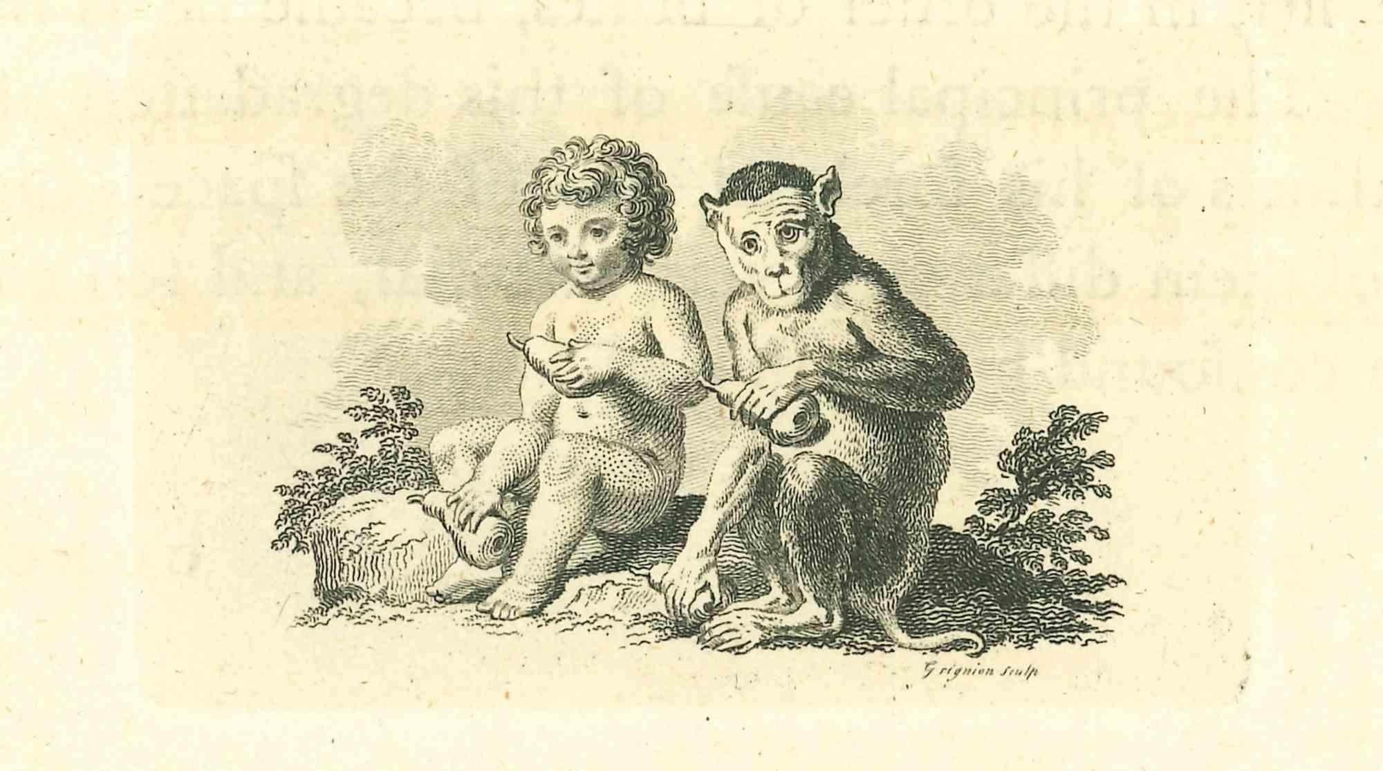 The Child and the Monkey is an original etching artwork realized by Thomas Holloway for Johann Caspar Lavater's "Essays on Physiognomy, Designed to Promote the Knowledge and the Love of Mankind", London, Bensley, 1810. 

Good conditions.

Johann