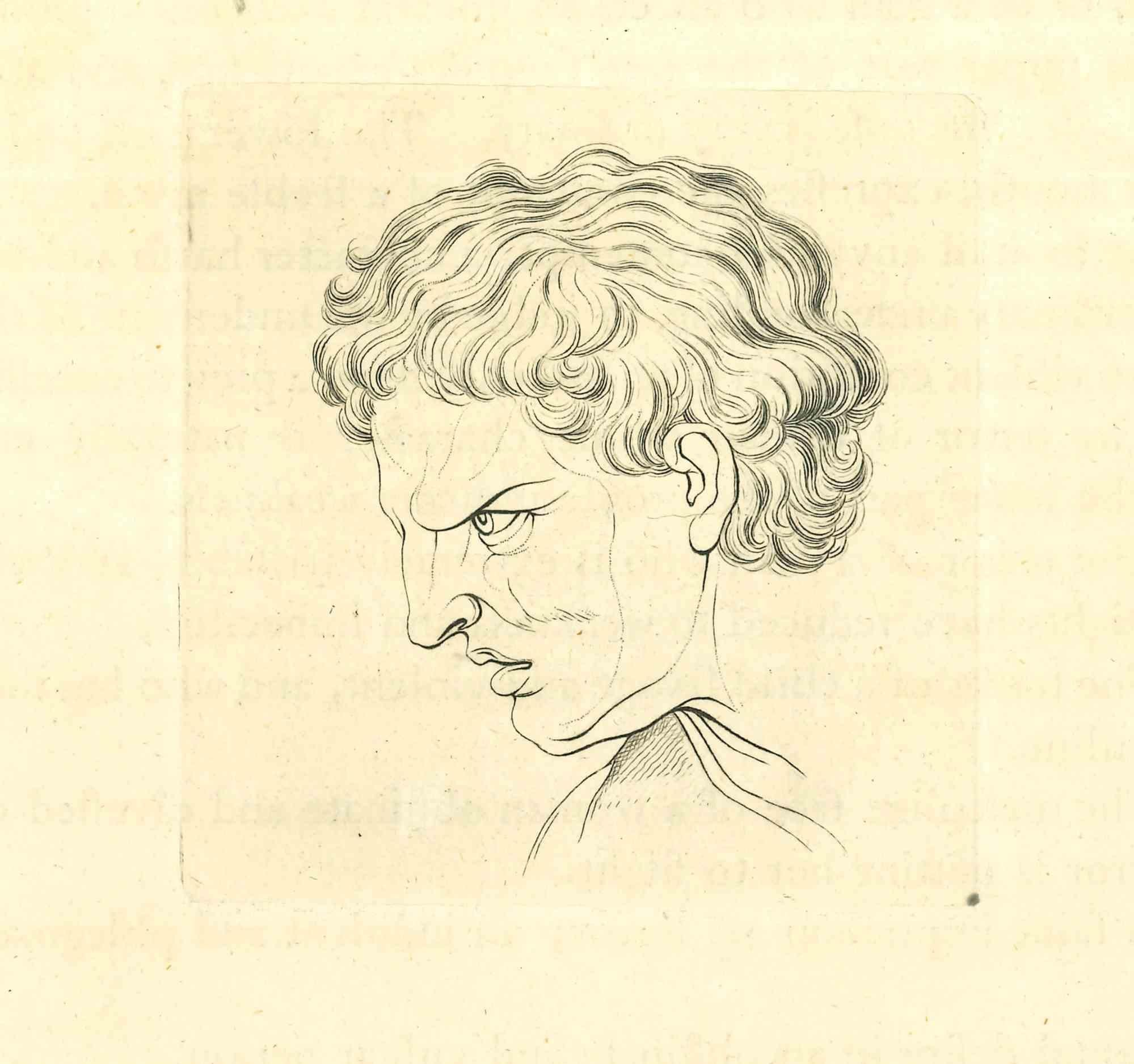 Die Physiognomie - Der Zorn ist eine Originalradierung von Thomas Holloway für Johann Caspar Lavaters "Essays on Physiognomy, Designed to Promote the Knowledge and the Love of Mankind", London, Bensley, 1810. 

Mit dem Schriftzug auf der