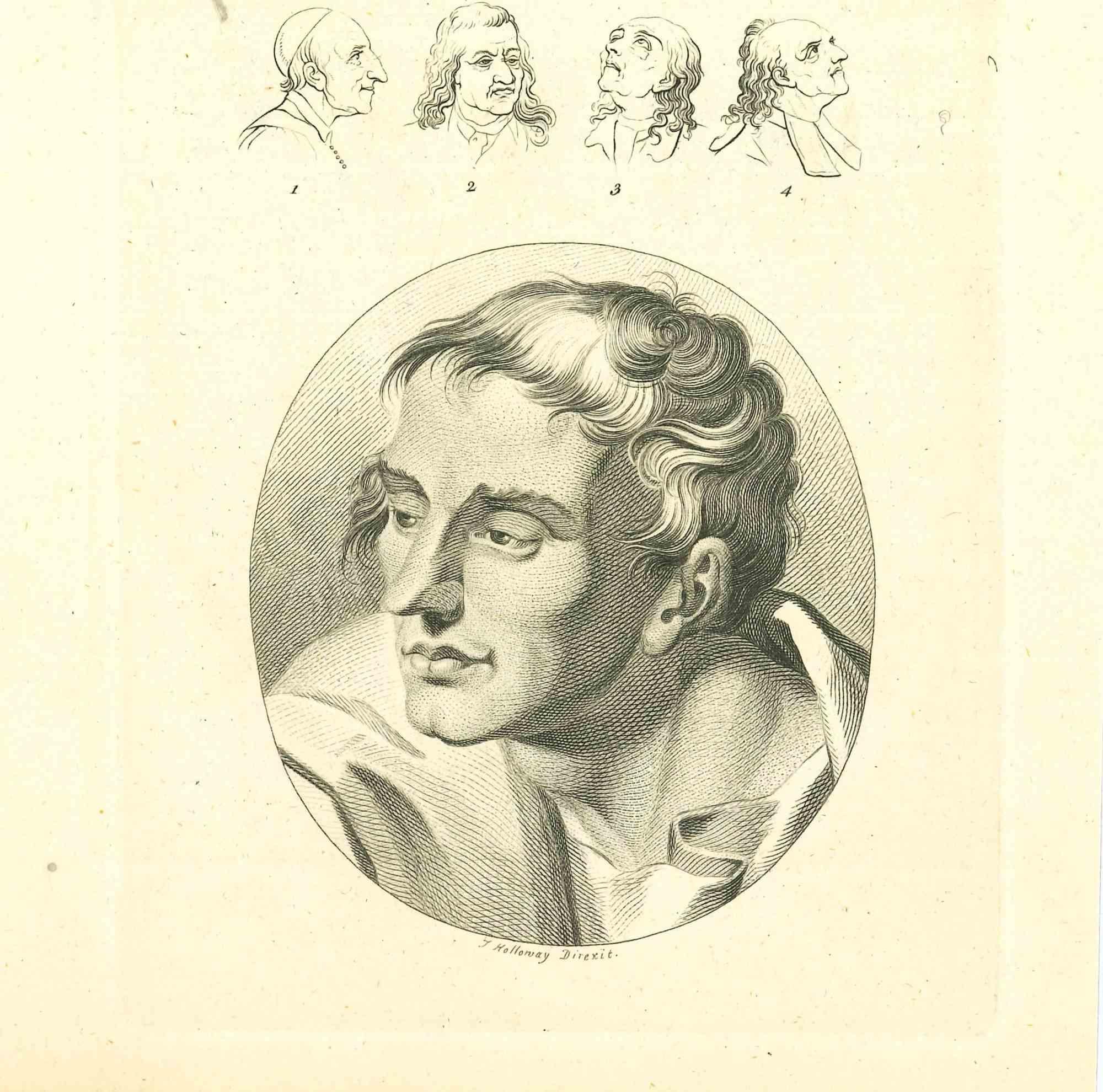 The physiognomy - The faces is an original etching artwork realized by Thomas Holloway for Johann Caspar Lavater's "Essays on Physiognomy, Designed to Promote the Knowledge and the Love of Mankind", London, Bensley, 1810. 

Signed on the plate on