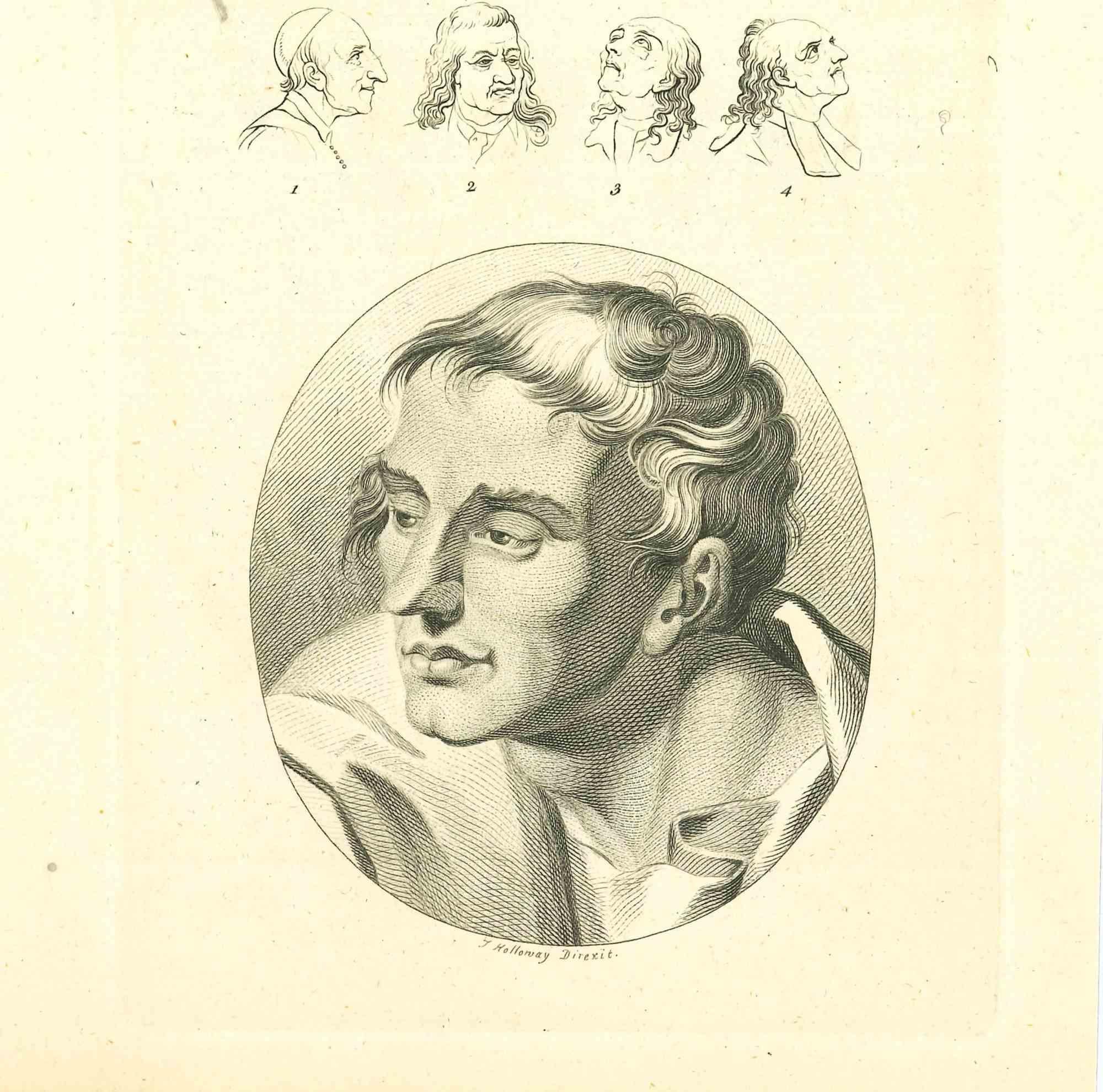 Die Physiognomie - Die Gesichter ist eine Originalradierung von Thomas Holloway für Johann Caspar Lavaters "Essays on Physiognomy, Designed to Promote the Knowledge and the Love of Mankind", London, Bensley, 1810. 

Signiert auf der Platte auf der