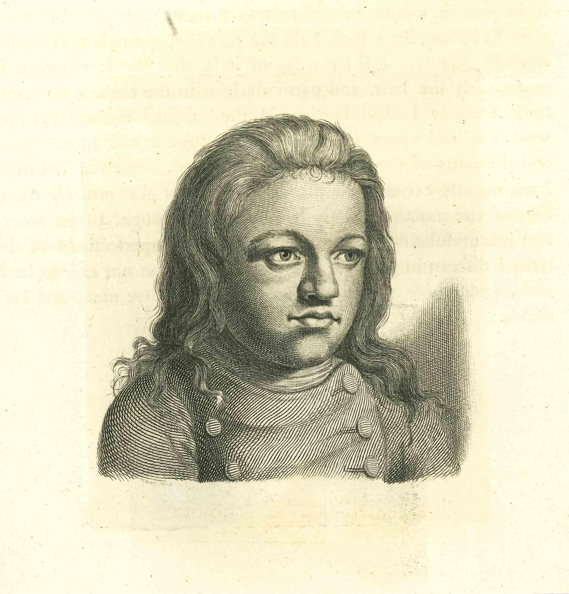 The Portrait is an original etching artwork realized by Thomas Holloway for Johann Caspar Lavater's "Essays on Physiognomy, Designed to Promote the Knowledge and the Love of Mankind", London, Bensley, 1810. 

With the script and a portrait on the