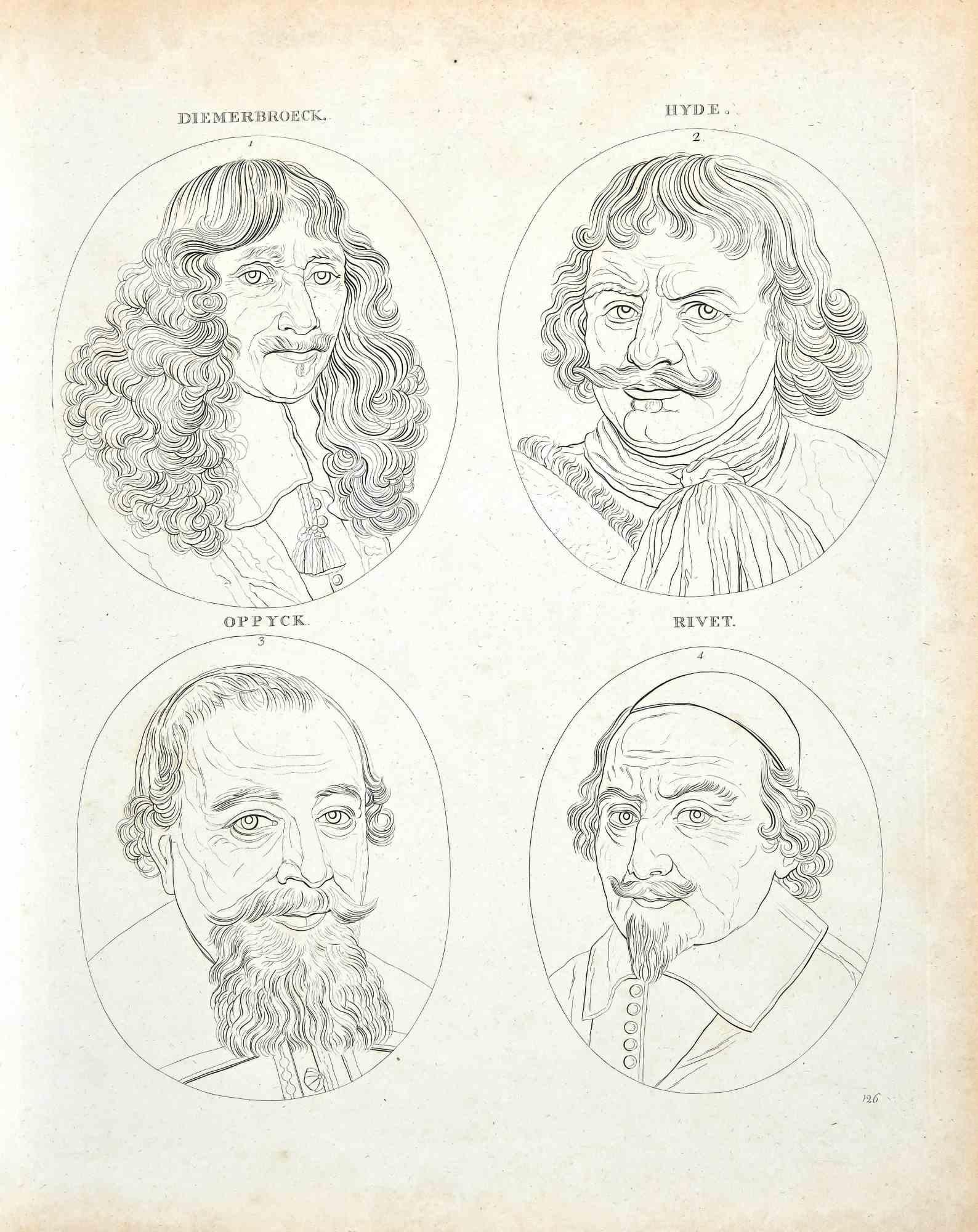 The Portraits of Masters is an original etching artwork realized by Thomas Holloway for Johann Caspar Lavater's "Essays on Physiognomy, Designed to Promote the Knowledge and the Love of Mankind", London, Bensley, 1810. 

Good conditions with some
