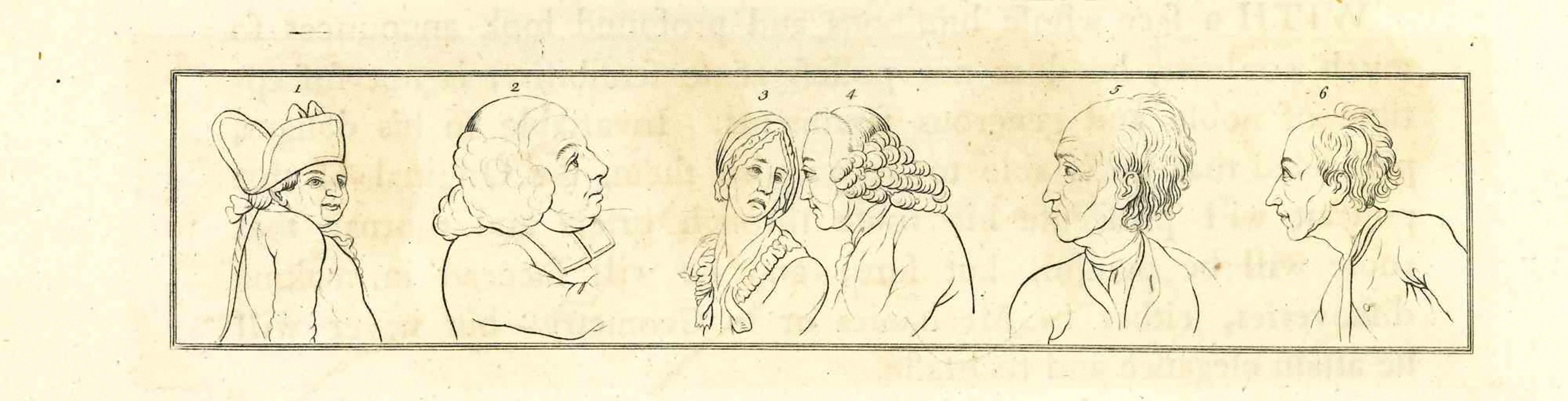 The profile of men and women is an original etching artwork realized by Thomas Holloway for Johann Caspar Lavater's "Essays on Physiognomy, Designed to Promote the Knowledge and the Love of Mankind", London, Bensley, 1810. 

With the script on the