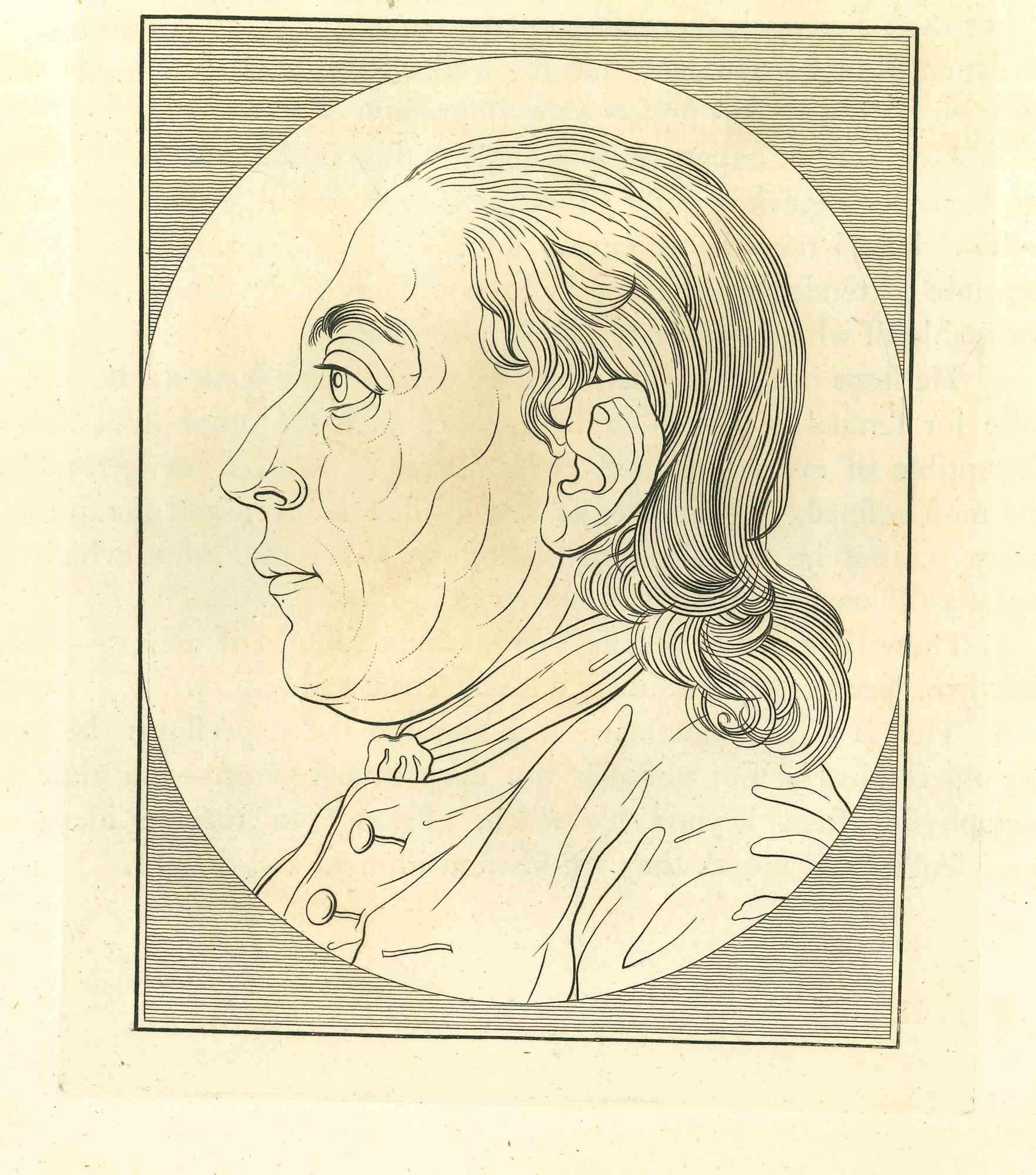 The Profile is an original etching artwork realized by Thomas Holloway for Johann Caspar Lavater's "Essays on Physiognomy, Designed to Promote the Knowledge and the Love of Mankind", London, Bensley, 1810. 

With the script on the rear.

Good