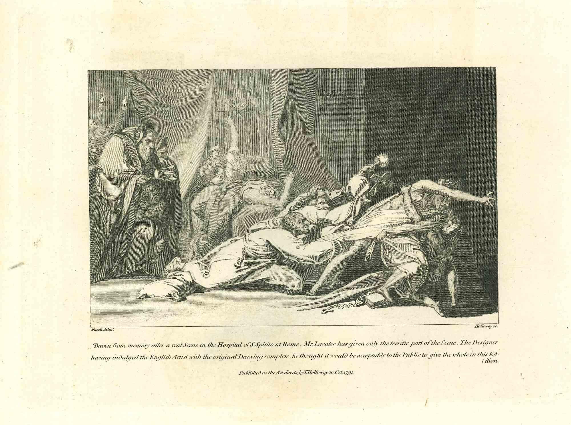 The Scene In The Hospital Of S.Spirito in Rome is an original etching artwork realized by Thomas Holloway after Fuseli for Johann Caspar Lavater's "Essays on Physiognomy, Designed to Promote the Knowledge and the Love of Mankind", London, Bensley,