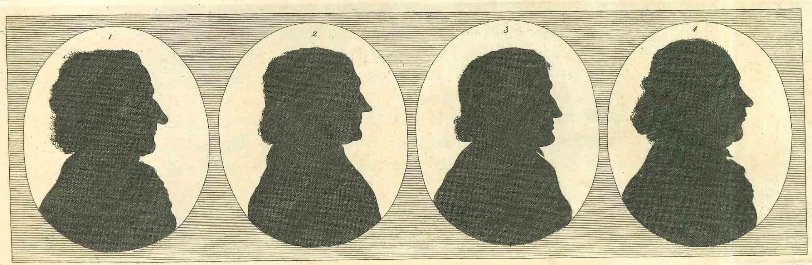 The Silhouette Profiles - The Physiognomy ist eine Originalradierung von Thomas Holloway für Johann Caspar Lavaters "Essays on Physiognomy, Designed to Promote the Knowledge and the Love of Mankind", London, Bensley, 1810. 

Gute Bedingungen.

Mit