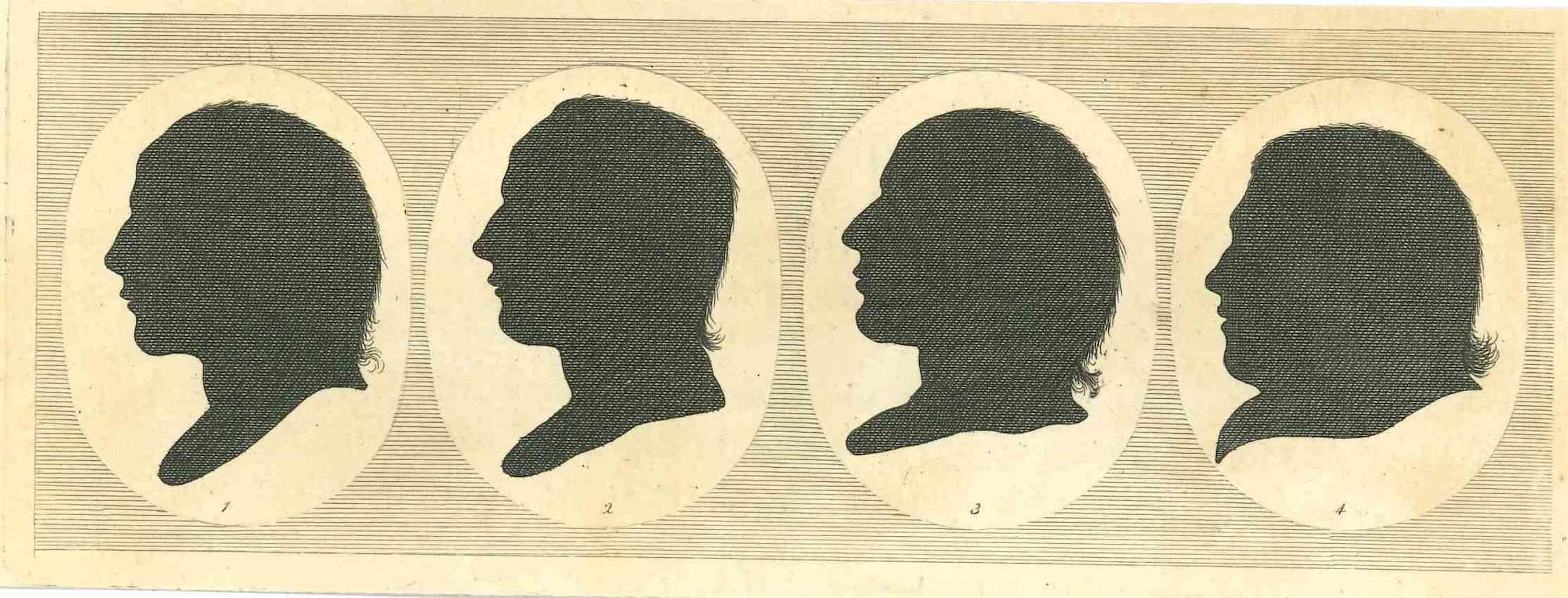 The Silhouette Profiles - The Physiognomy is an original etching artwork realized by Thomas Holloway for Johann Caspar Lavater's "Essays on Physiognomy, Designed to Promote the Knowledge and the Love of Mankind", London, Bensley, 1810. 

Good