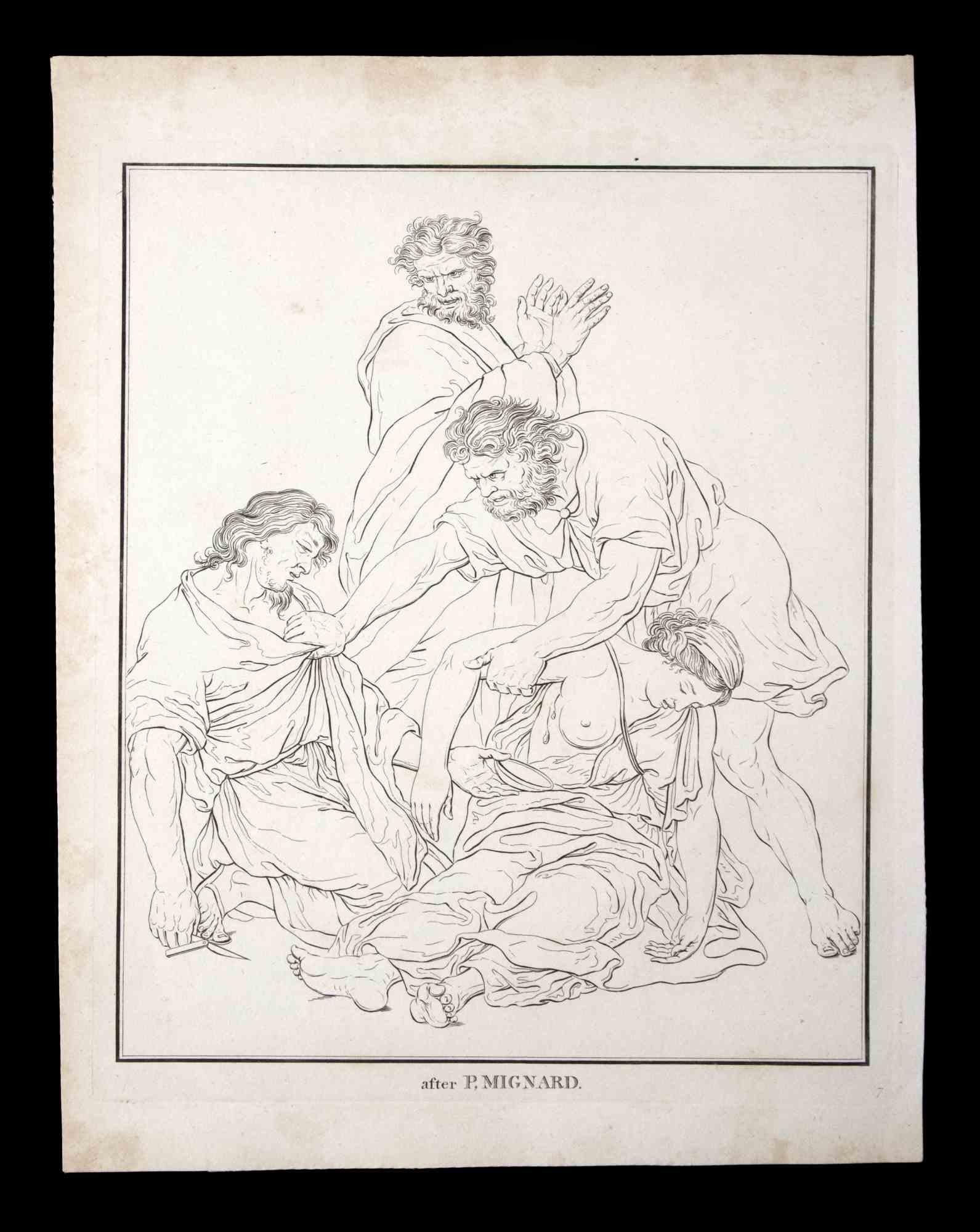 The Surviving is an original etching artwork realized by Thomas Holloway after P. Mignard for Johann Caspar Lavater's "Essays on Physiognomy, Designed to Promote the Knowledge and the Love of Mankind", London, Bensley, 1810. 

Signed on the plate on