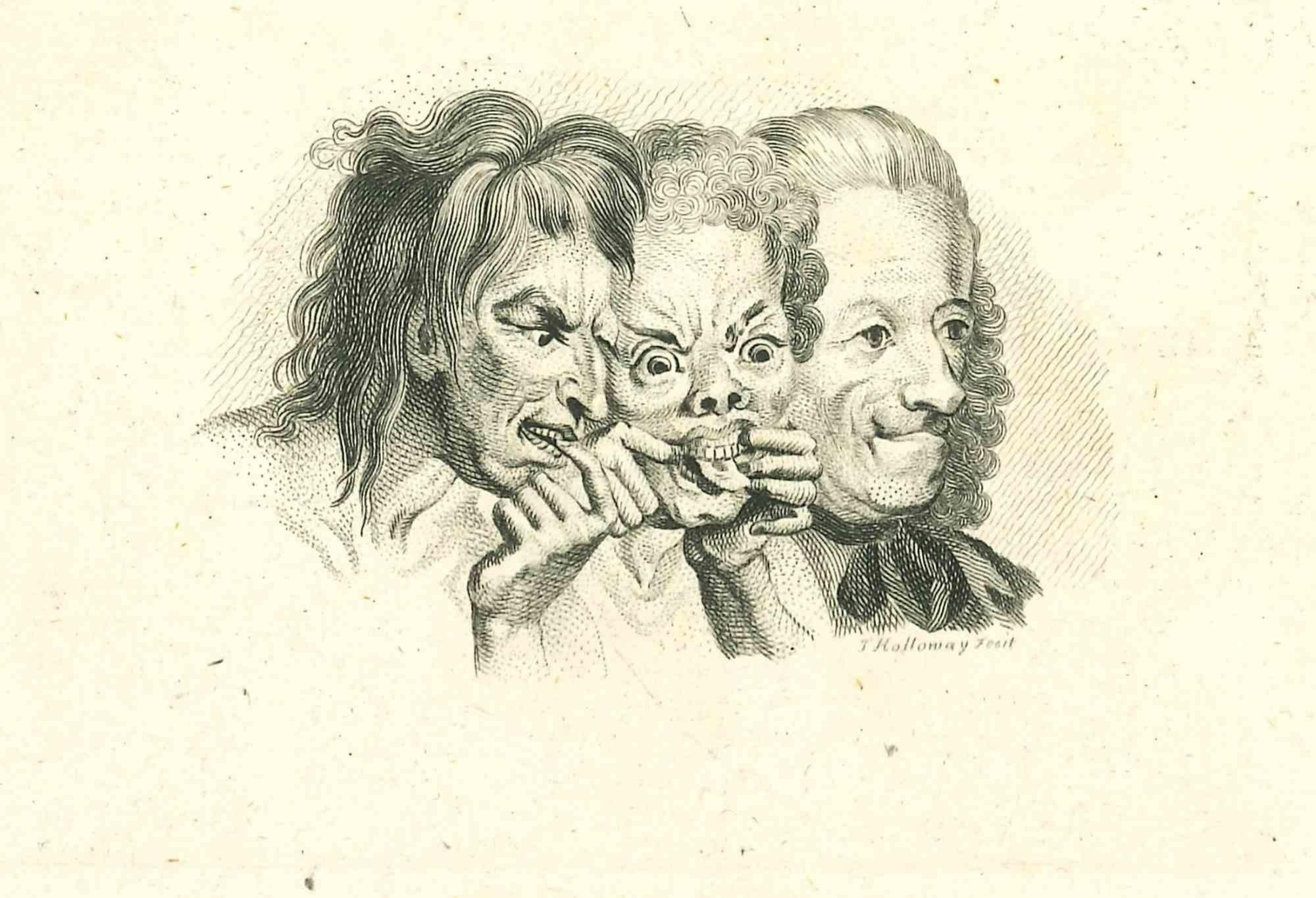 Three Grotesque Characters ist eine Originalvorlage von Thomas Holloway für Johann Caspar Lavater's  "Essays on Physiognomy, Designed to promote the Knowledge and the Love of Mankind", London, Bensley, 1810. 

 Dieses Kunstwerk stellt Köpfe von