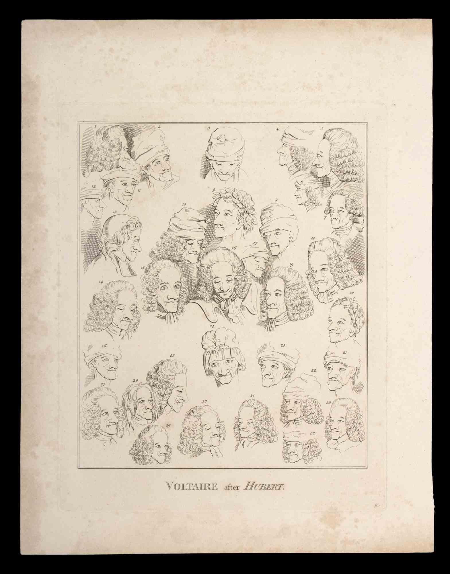 Voltaire after Hubert is an original etching artwork realized by Thomas Holloway for Johann Caspar Lavater's "Essays on Physiognomy, Designed to Promote the Knowledge and the Love of Mankind", London, Bensley, 1810. 

Titled on the lower