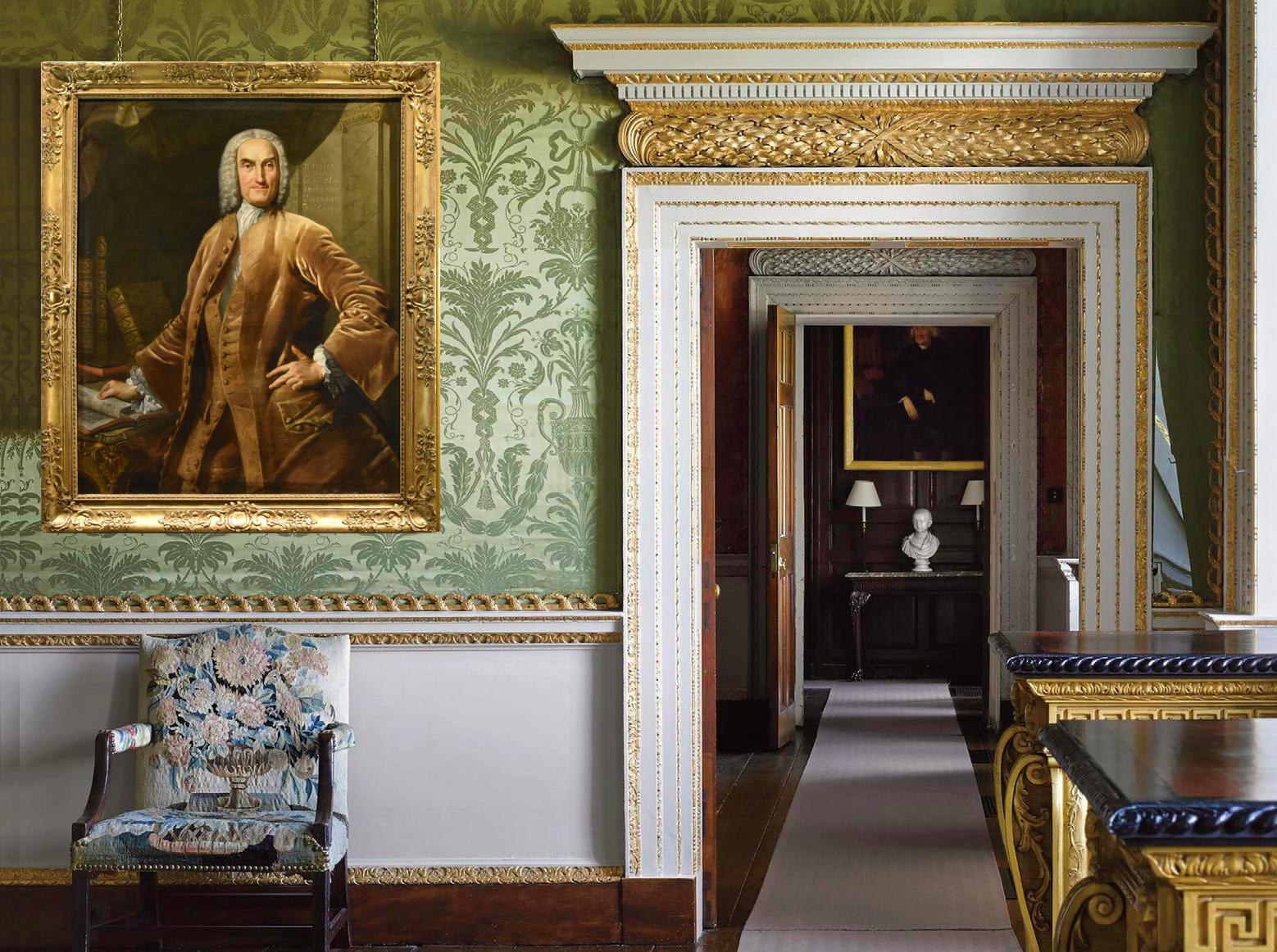 Thomas Hudson
(Devon 1701 - London 1799)

Porträt eines Prominenten in seinem Arbeitszimmer

Öl auf Leinwand

124 x 102 cm.

In antikem Rahmen 142 x 120 cm.

Dieses faszinierende Porträt ist ein wertvolles Zeugnis der Porträtkunst, die im England