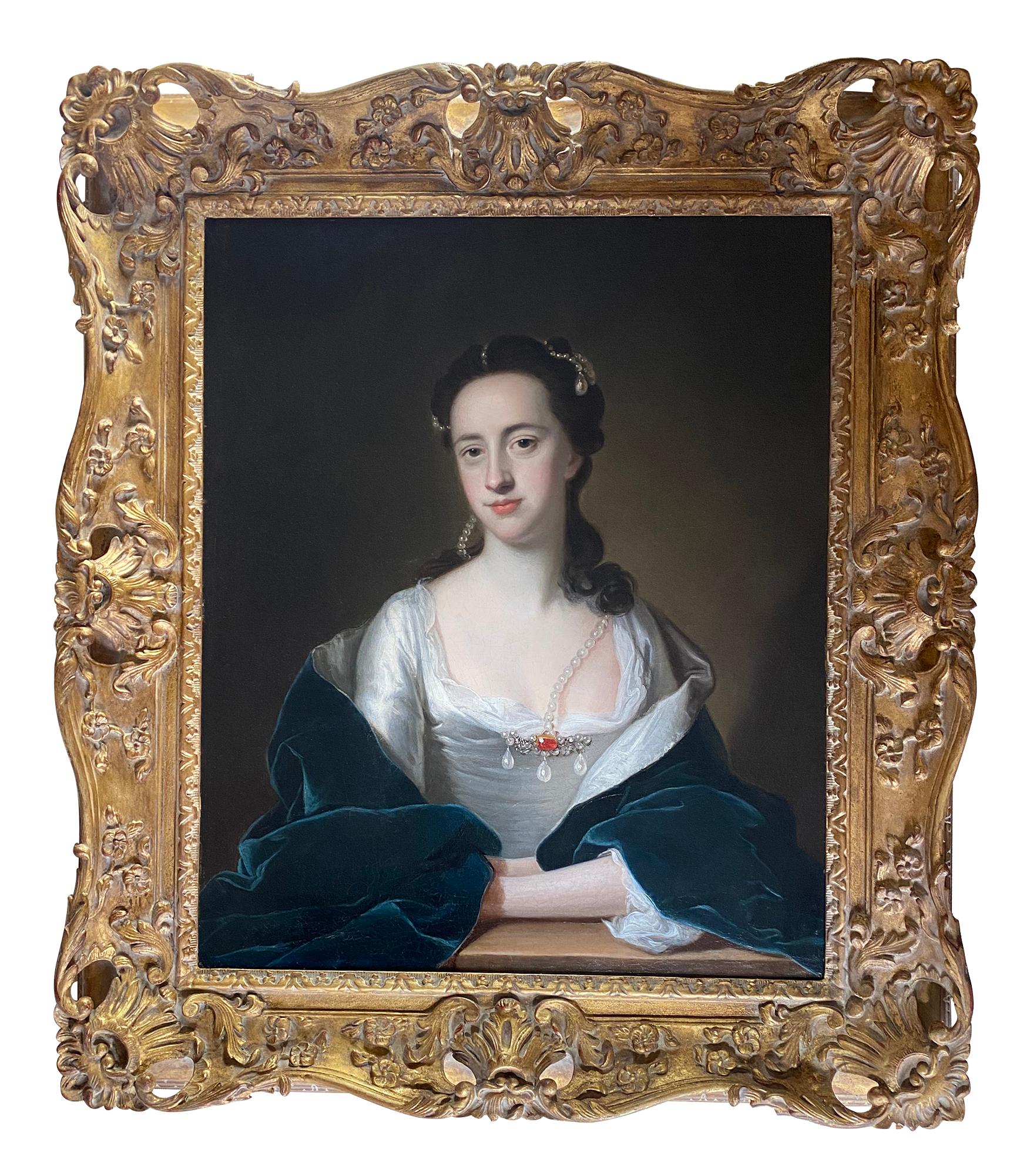 Thomas Hudson Portrait Painting - 18TH CENTURY ENGLISH PORTRAIT OF A LADY IN WHITE DRESS AND BLUE CLOAK 