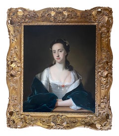 18TH CENTURY ENGLISH PORTRAIT OF A LADY IN WHITE DRESS AND BLUE CLOAK 