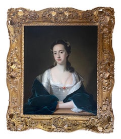 18TH CENTURY ENGLISH PORTRAIT OF A LADY IN WHITE DRESS AND BLUE CLOAK