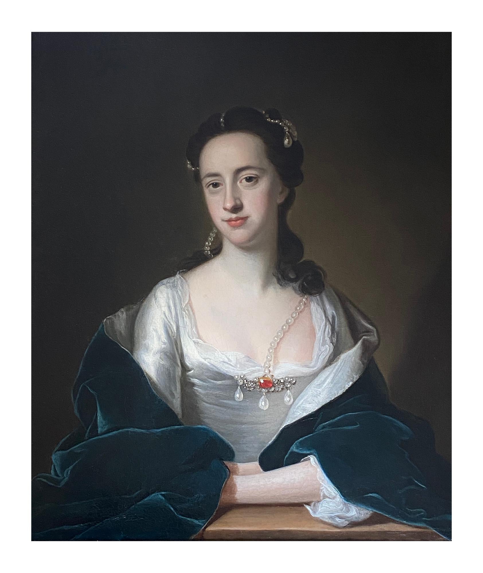 18TH CENTURY ENGLISH PORTRAIT OF A LADY IN WHITE DRESS AND BLUE CLOAK  - Painting by Thomas Hudson