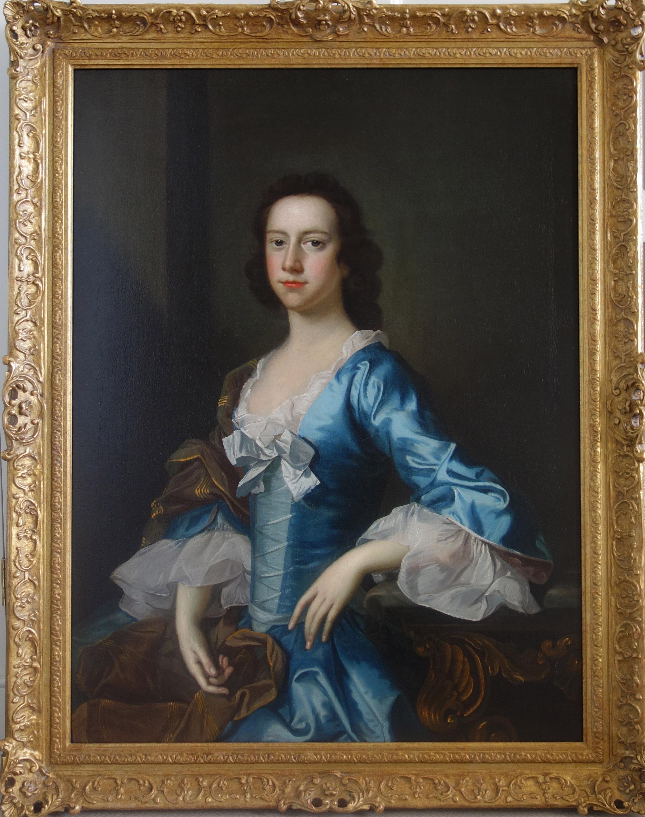 English 18th century Portrait of a Lady wearing blue silk  - Painting by Thomas Hudson