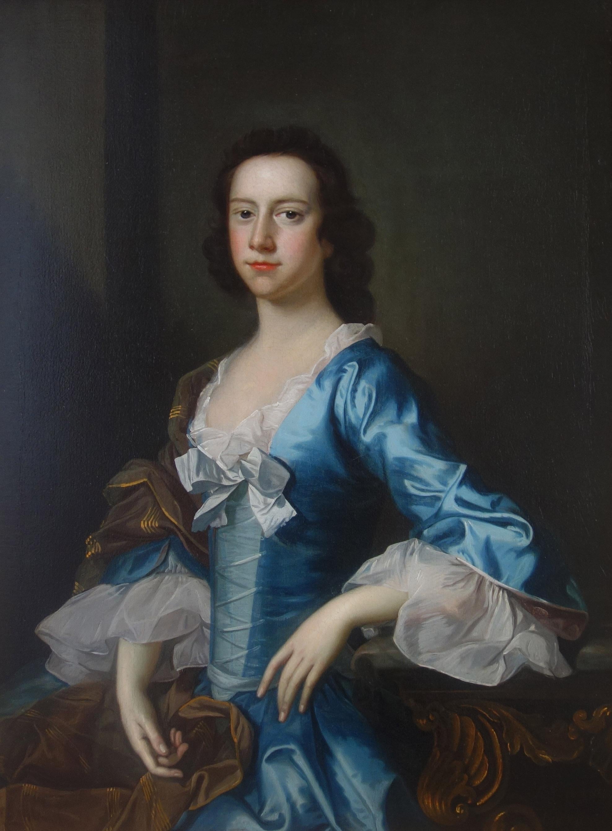 Thomas Hudson Portrait Painting - English 18th century Portrait of a Lady wearing blue silk 