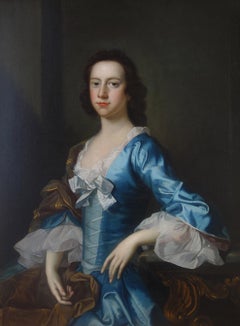 English 18th century Portrait of a Lady wearing blue silk 