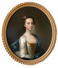 18th century portrait of a young lady in an ivory silk gown and blue silk cloak