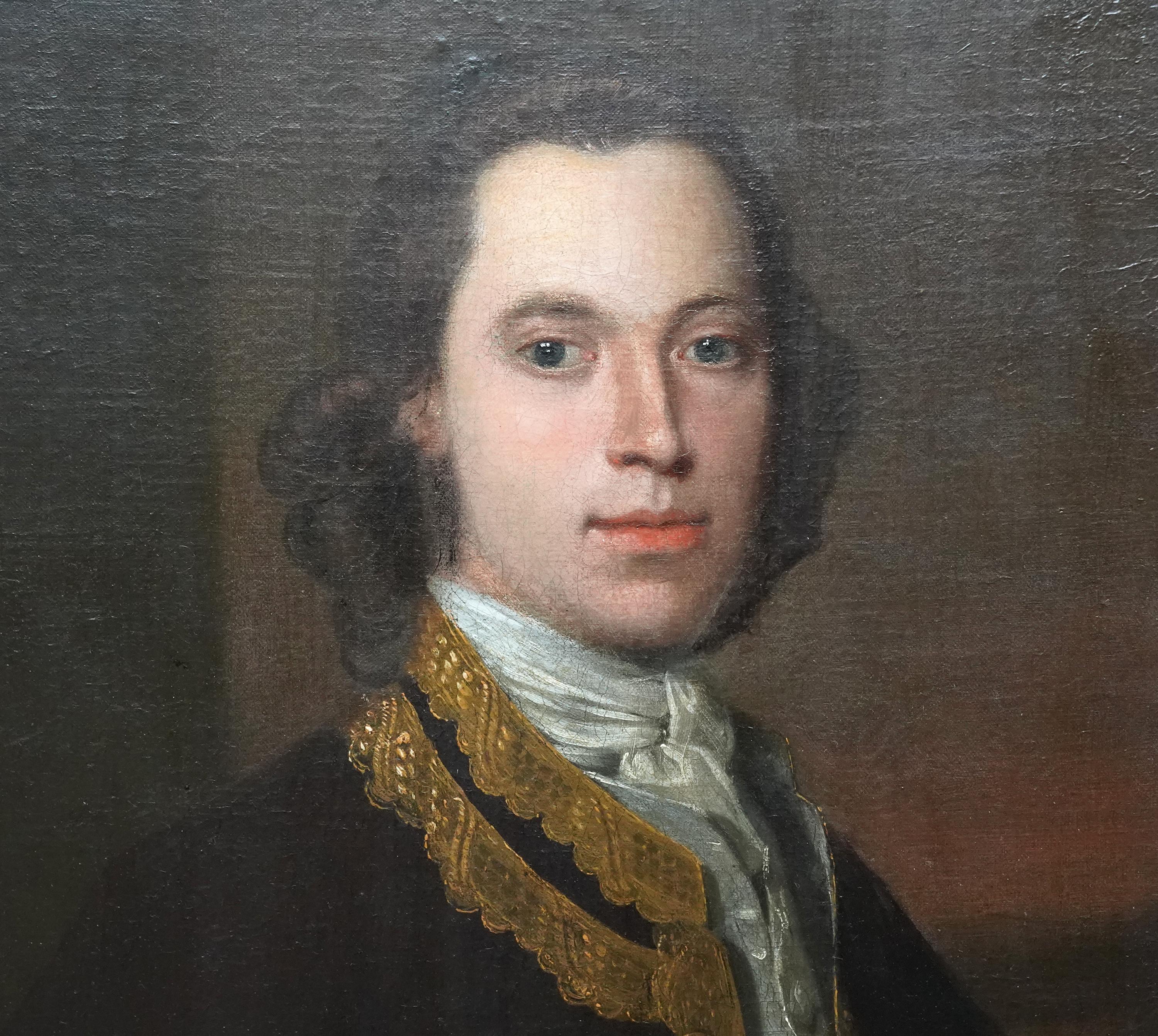 This superb British 18th century Old Master portrait oil painting is attributed to Thomas Hudson. Painted circa 1750 it is a three-quarter length standing portrait of a gentleman in a landscape. He is dressed in a dark blue coat that is undone, with