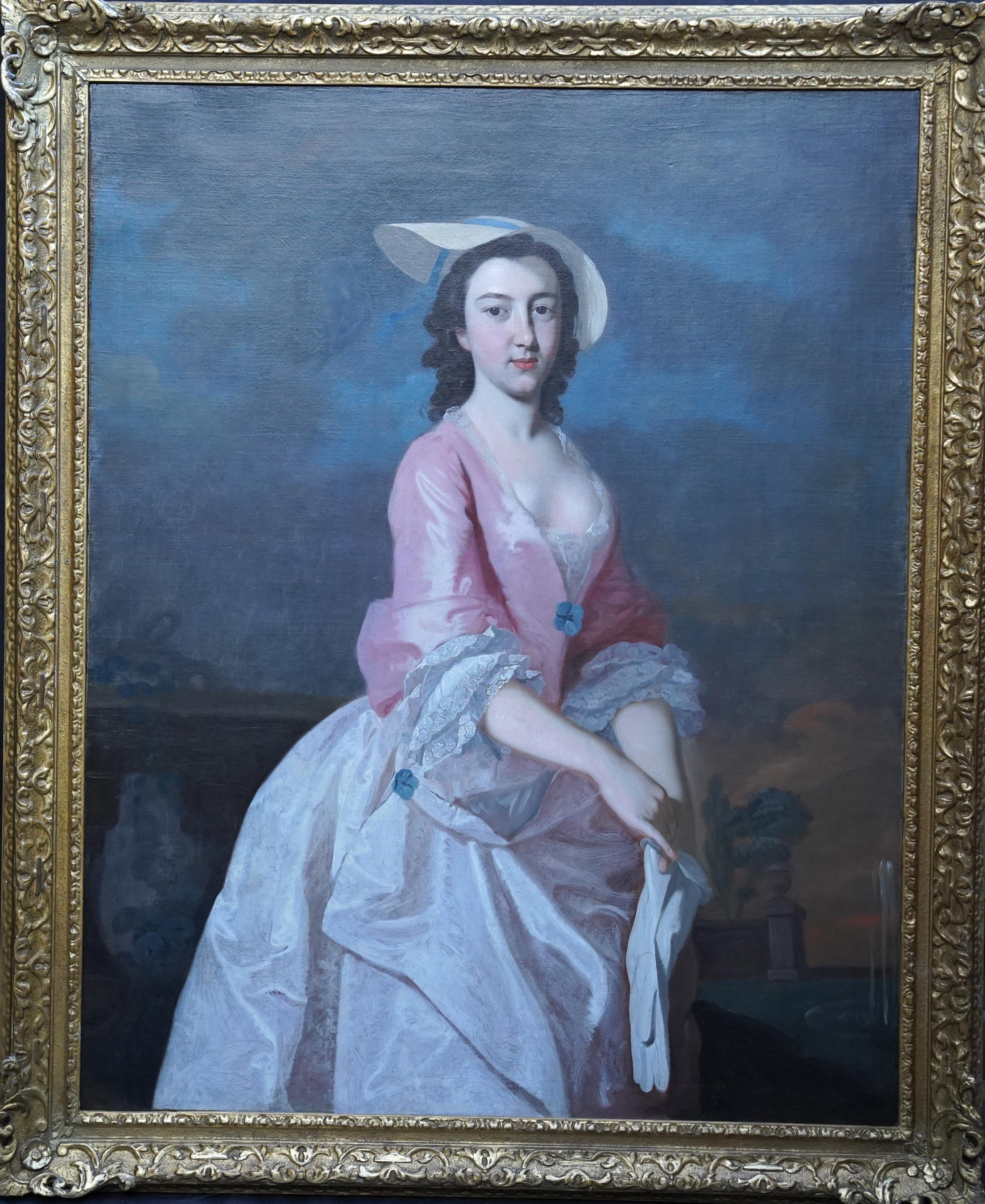 Thomas Hudson Portrait Painting - Portrait of a Lady with White Gloves - British 18thC art Old Master oil painting