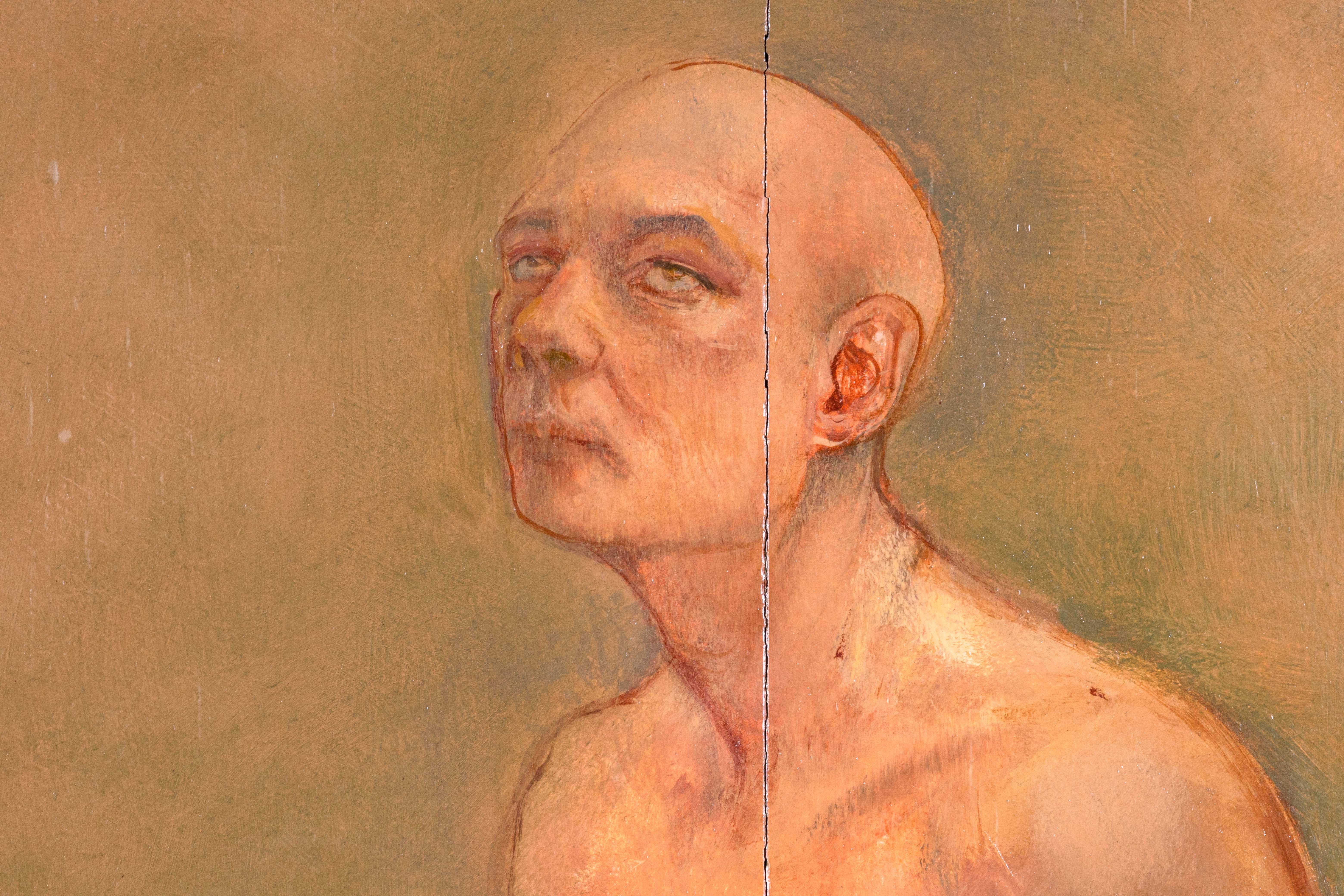 Ein zeitgenössisches Ölgemälde-Diptychon auf Karton des Detroiter Künstlers Thomas Humes. Verso signiert und datiert 1995. Neoklassizistisches Porträt einer mönchsähnlichen Figur, die eine vermittelnde Qualität hat. Die Figur wird durch das
