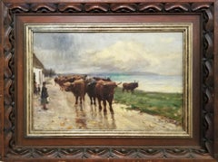Unsold Cattle Returning from the Fair /// Victorian British Cows Oil Painting