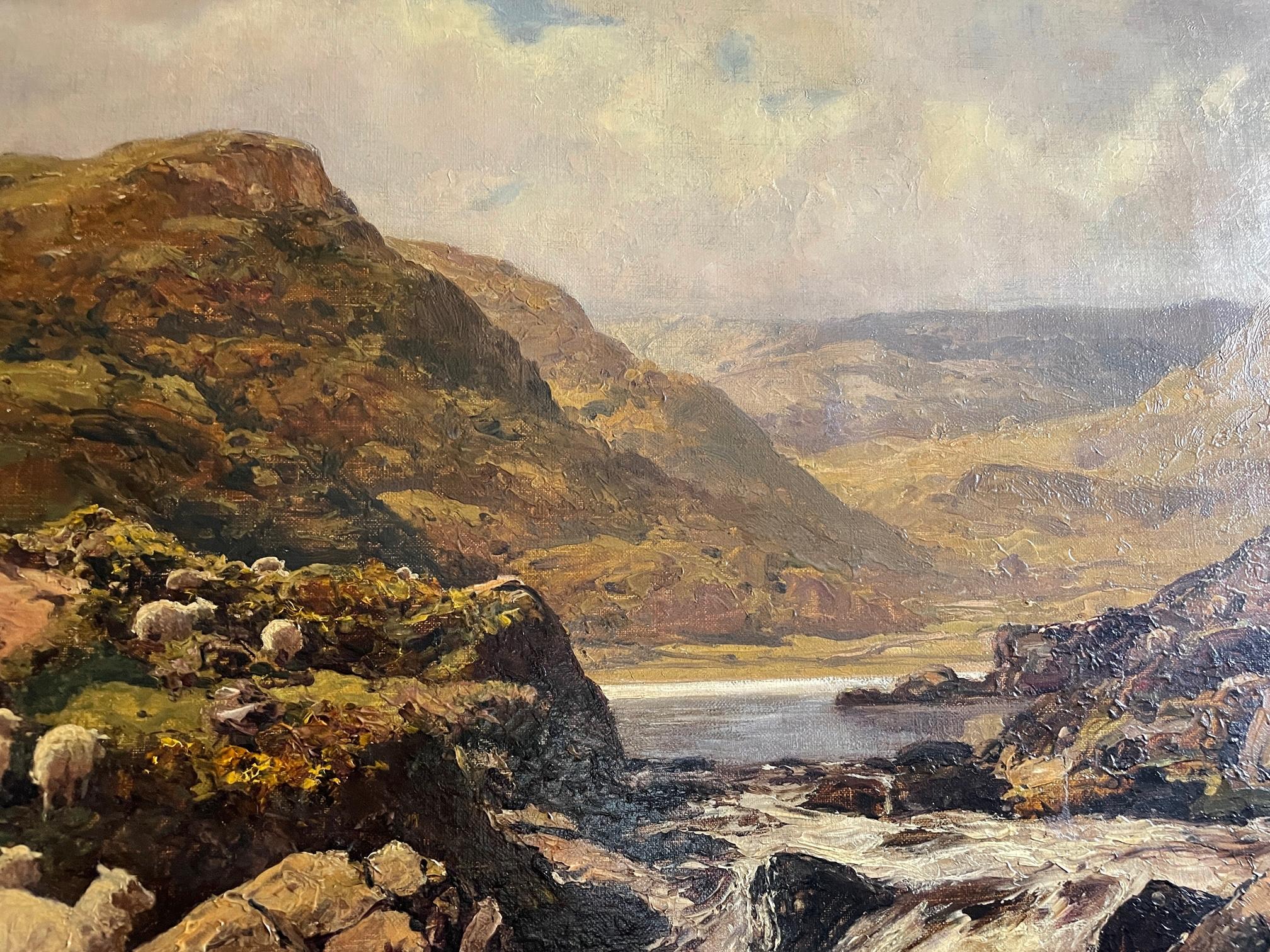 Lyn Crafnant, Wales and Wales Circa 1900 Peinture à l'huile - Marron Landscape Painting par Thomas Huson