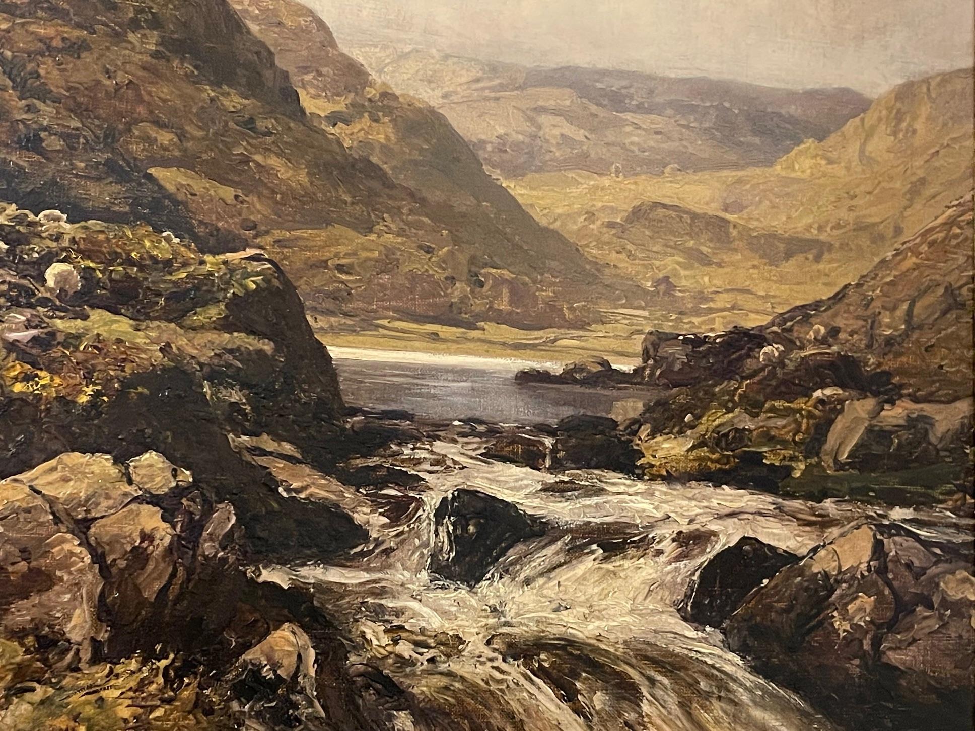Fine peinture de paysage, cette huile sur toile de Snowdonia,  Artistics est une œuvre de l'artiste britannique du XIXe siècle Thomas Huson, RI, (1844-1920).  Signé par l'artiste en bas à gauche. Thomas Huson était membre du Royal Institute of Oil