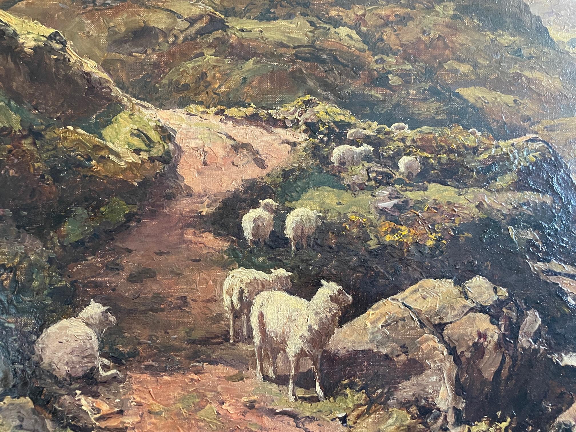 Belle peinture de paysage, huile sur toile de Snowdonia au Pays de Galles par l'artiste britannique du 19ème siècle Thomas Huson.  Signé par l'artiste en bas à gauche, Thomas Huson RI (Royal Institute of Oil Painters, élu en 1883). Ce tableau