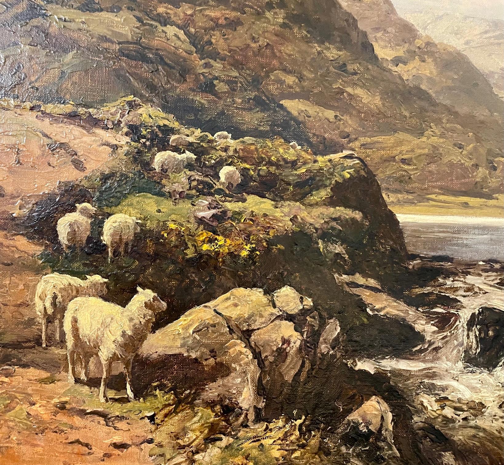 Fine landscape painting, oil on canvas of Snowdonia Wales by 19th century British artist Thomas Huson.  Signed by artist in lower left, Thomas Huson RI (Royal Institute of Oil Painters, elected 1883). This painting would then date from 1883, later