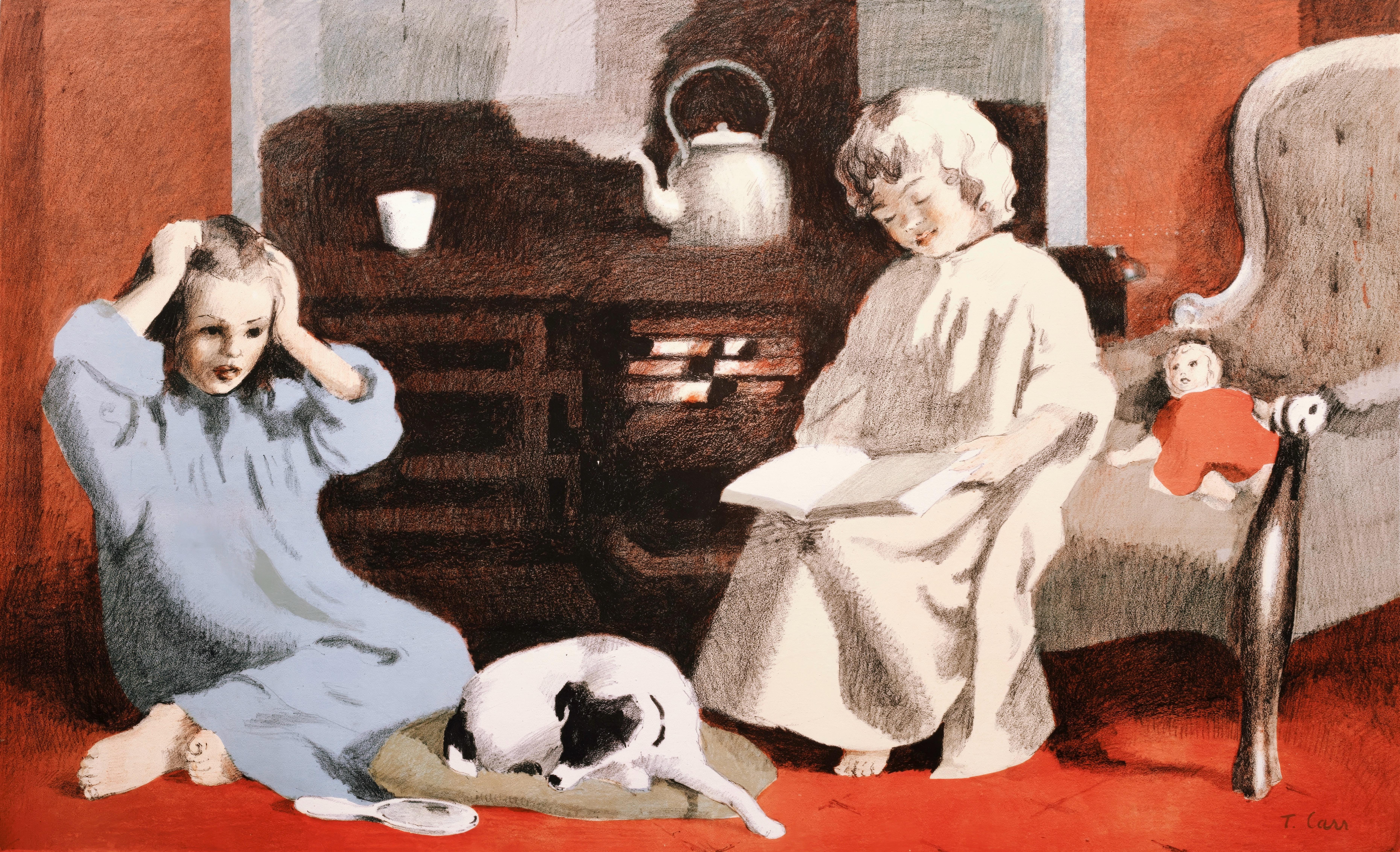 This exquisite lithograph after Thomas James Carr (1909–1999), titled Fireside, S.P.8., originates from the School Prints Ltd. series, published by School Prints Ltd., London, under the direction of Brenda Rawnsley, London; printed by Baynard Press,
